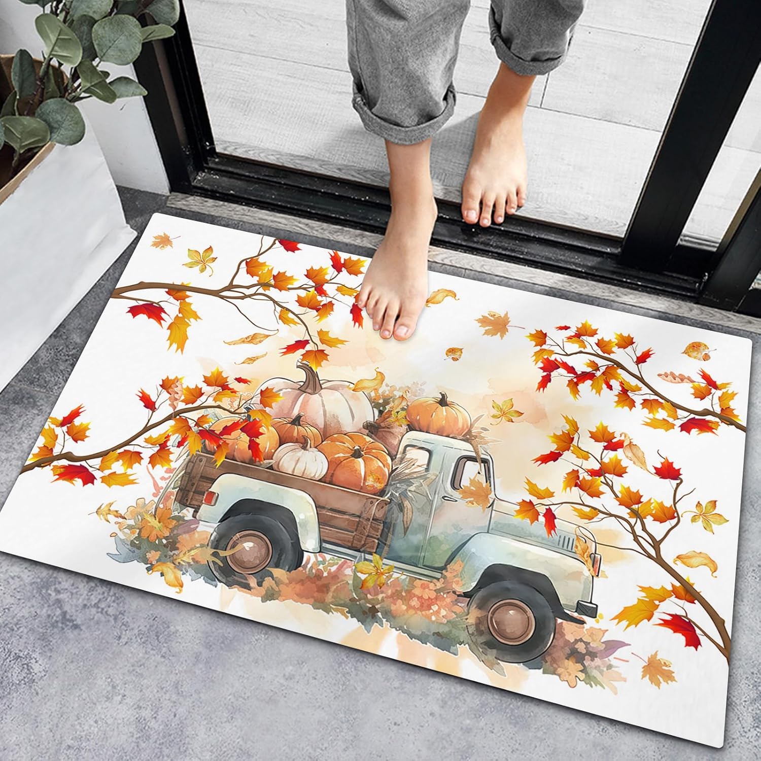 Bath Rugs Entrance Non Slip Front Door Mat Fall Truck Farm Pumpkin Thanksgiving Kitchen Carpets Watercolor Maple Leaves Floor Mats for Bathroom