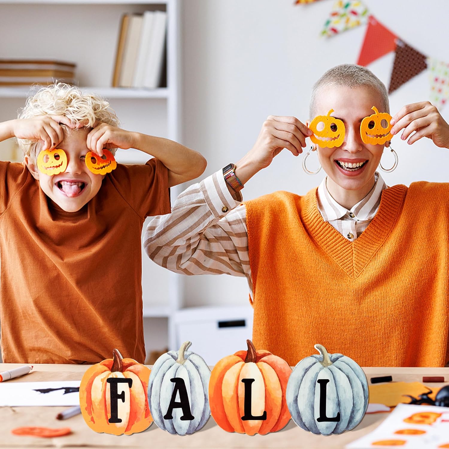 WATINC Decoración de mesa de centro de mesa de madera de calabaza de otoño, decoración de bandeja escalonada de Acción de Gracias, juego de bloques