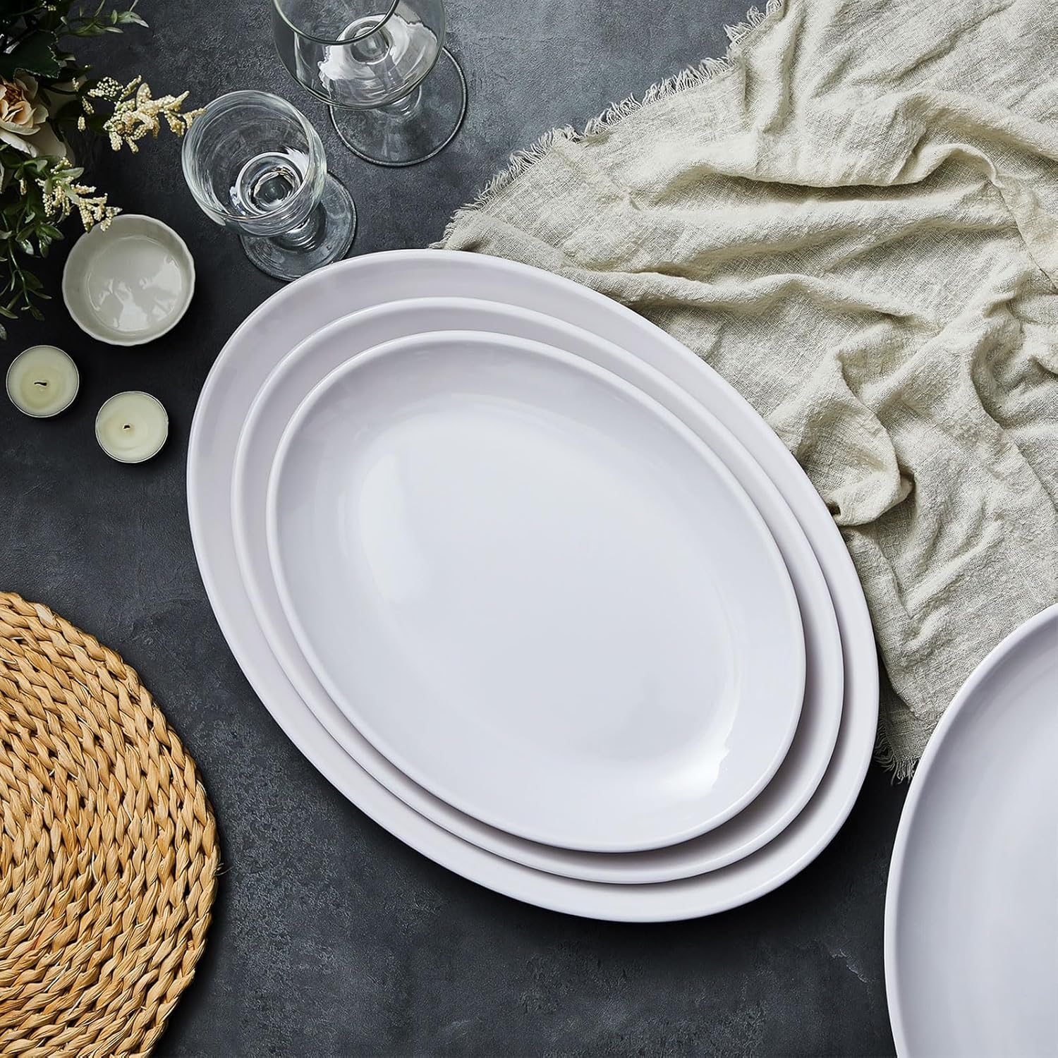 Tioncy Paquete de 6 platos ovalados de melamina grandes para servir platos blancos para entretener fiestas, platos seguros de melamina para