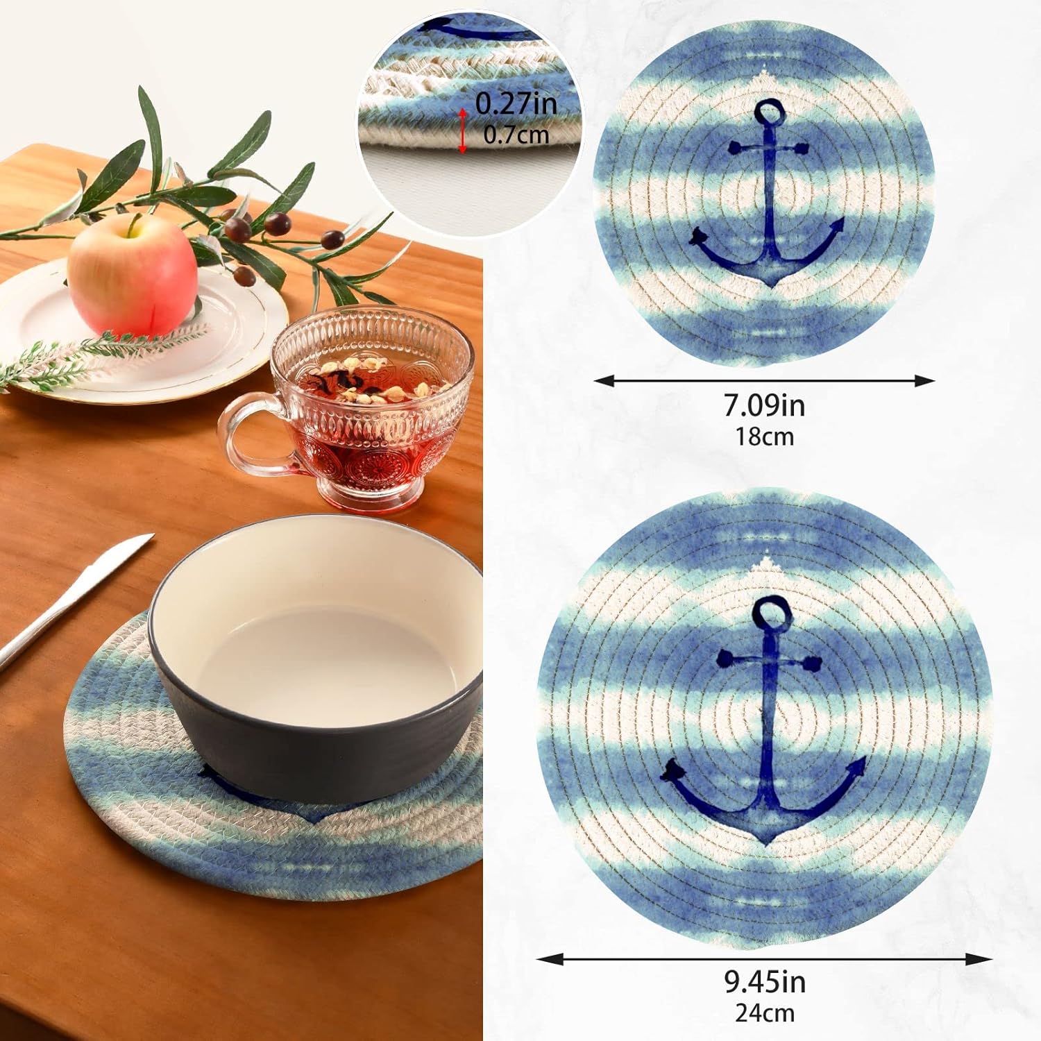 Anclajes náuticos, soportes para ollas de mar, 2 piezas resistentes al calor para platos calientes, acuarelas de verano, tejido de hilo de algodón