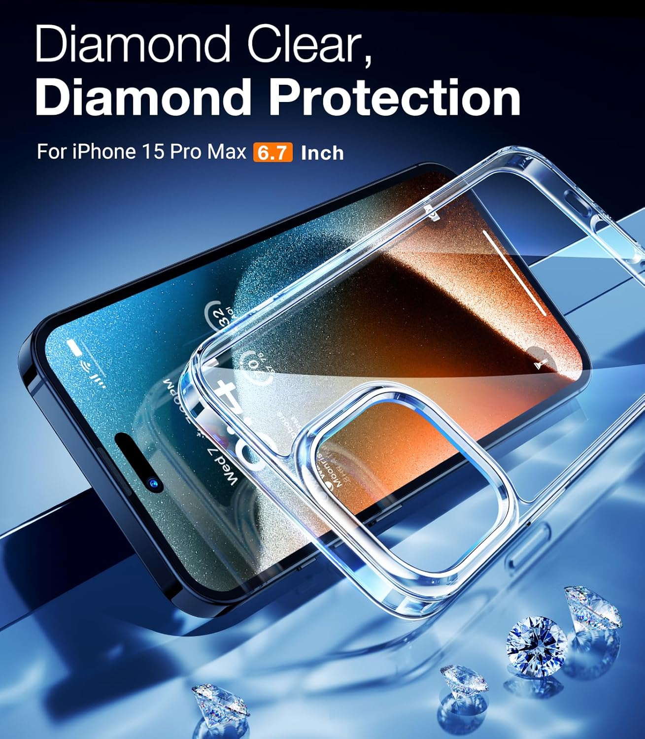 TORRAS Funda transparente de diamante para iPhone 15 Pro Max antiamarilleo protección contra caídas de grado militar de 12 pies a prueba de golpes,