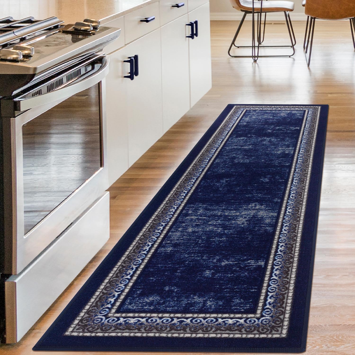 Antep Rugs Alfombras Bordered Modern – Alfombra antideslizante de 2 x 10 pies (antideslizante) con parte trasera de goma para interiores (azul