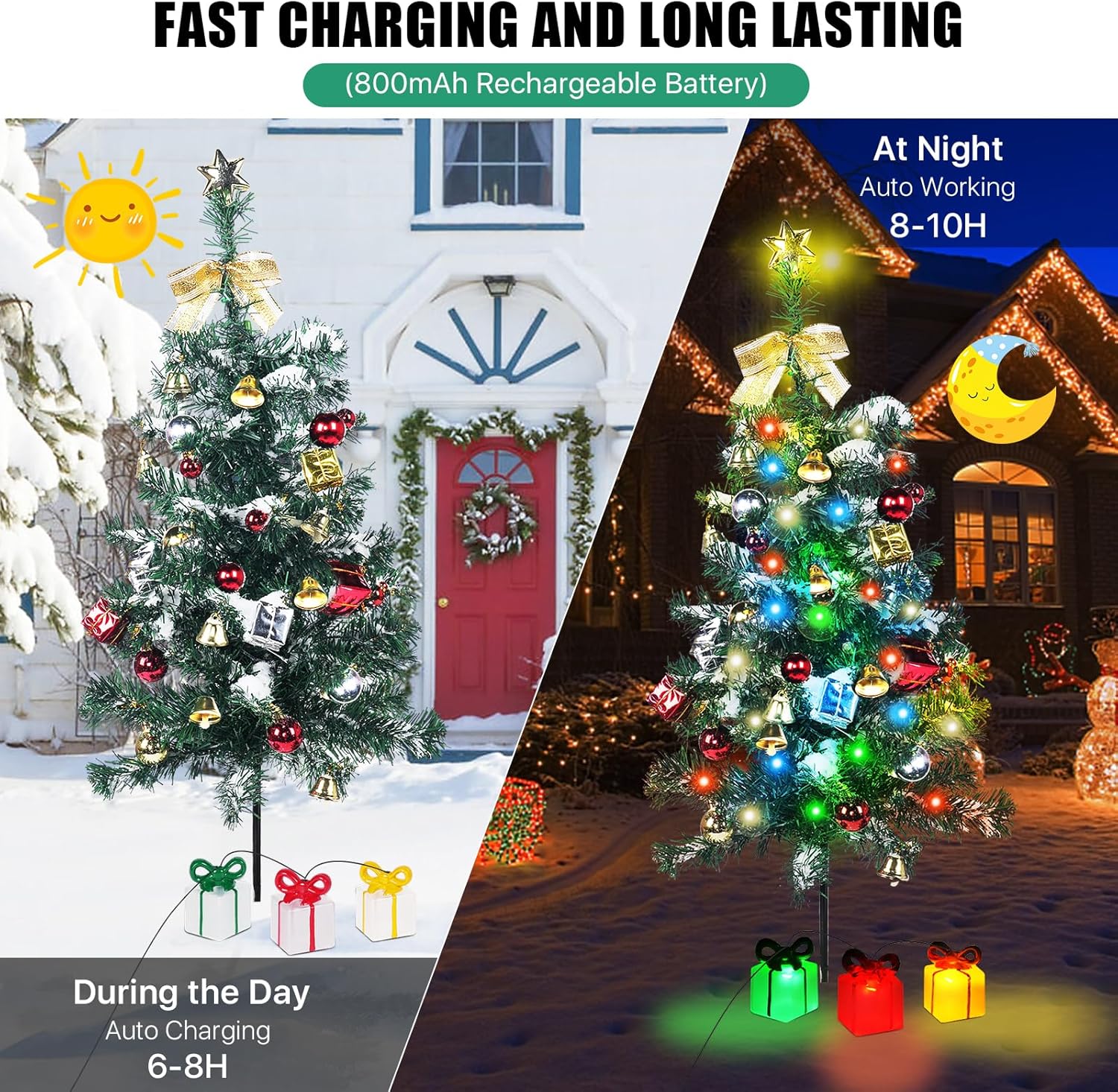 Decoración solar para árbol de Navidad, luces para exteriores, paquete de 2 con 60 LED, 44 adornos de Navidad, 6 cajas de regalo iluminadas, 8