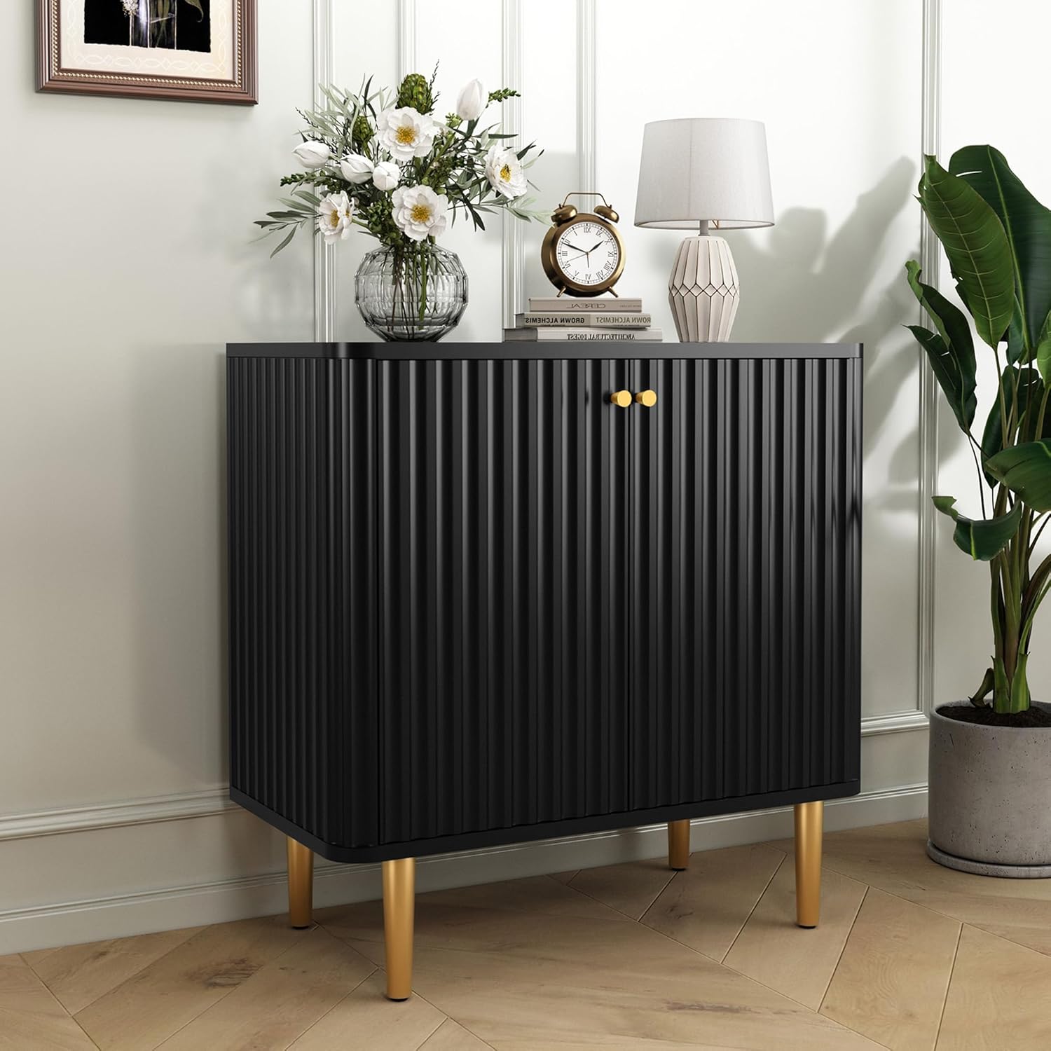 HLR Aparador de buffet con textura acanalada, gabinete de acento negro con puertas, armario de almacenamiento moderno de credenza para cocina, sala