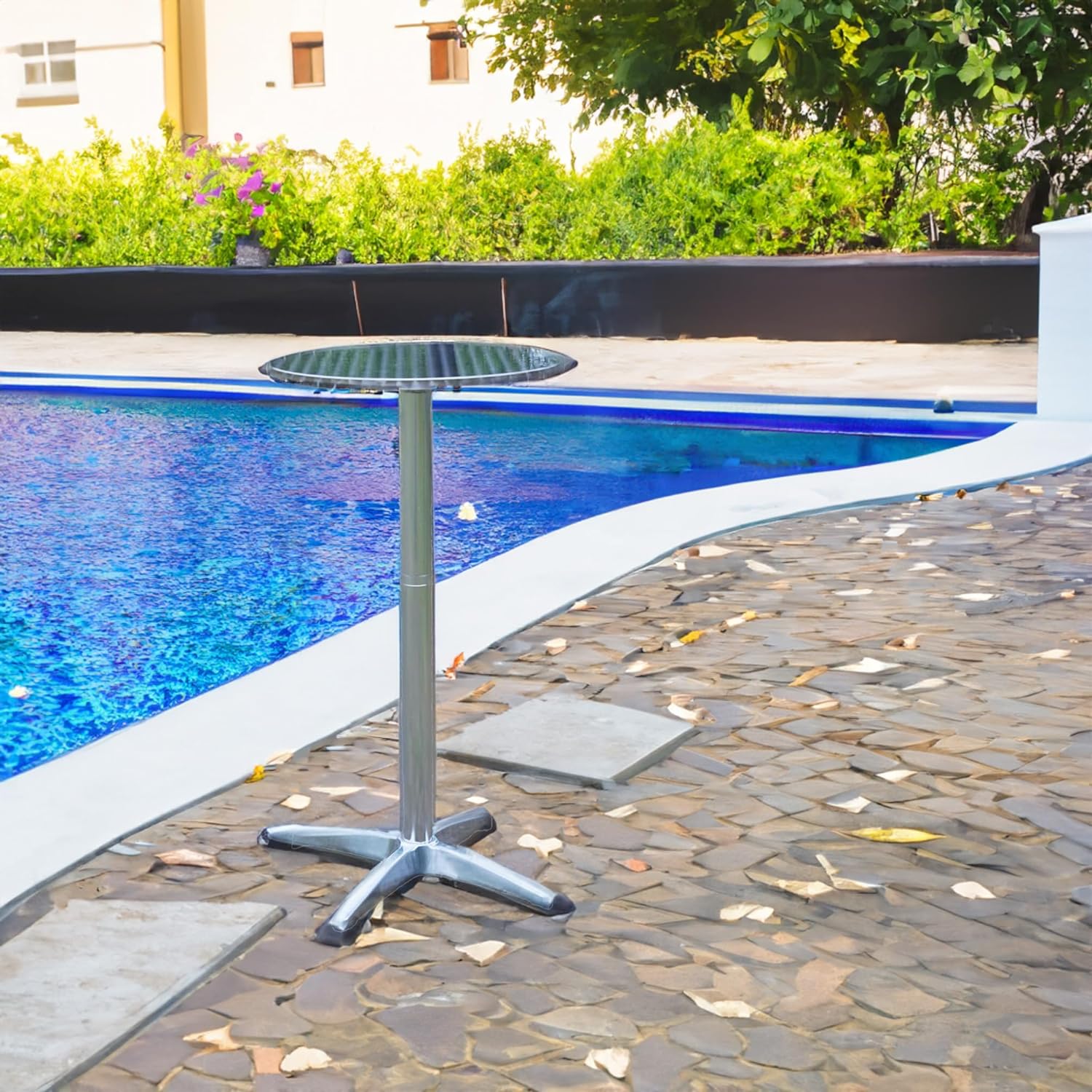 BTEXPERT Mesa de bar de restaurante de aluminio plateado para interiores y exteriores, 23.75 pulgadas, muebles de acero inoxidable para patio, base