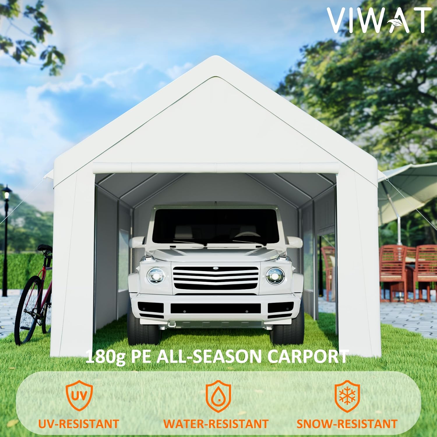 Carport – Toldo resistente de 12 x 20 pies con base mejorada y puerta de apertura lateral, garaje portátil para camioneta, barcos, automóvil y