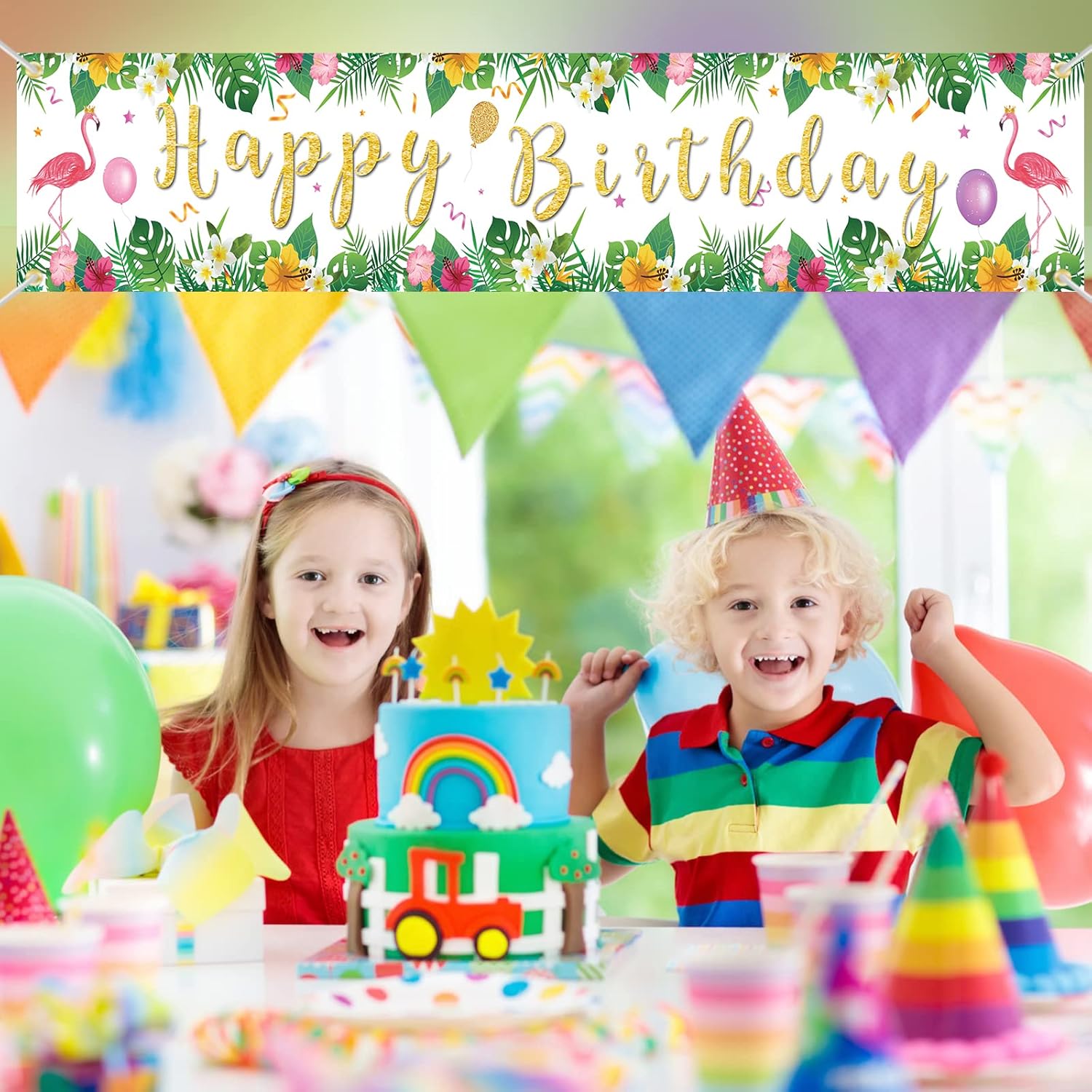 Cartel de feliz cumpleaños, decoración de fiesta de flamenco, decoración de fiesta hawaiana tropical de verano, telón de fondo de fotografía,