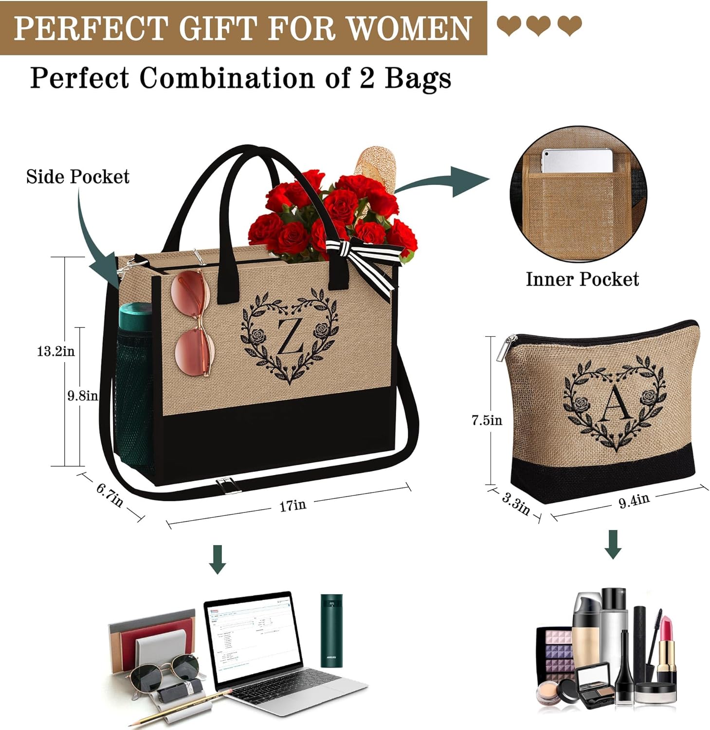 Regalos personalizados para mujeres, bolsa de yute con inicial con bolsa de maquillaje, regalos para mujeres, mamá, novia, cumpleaños, Amarillo,