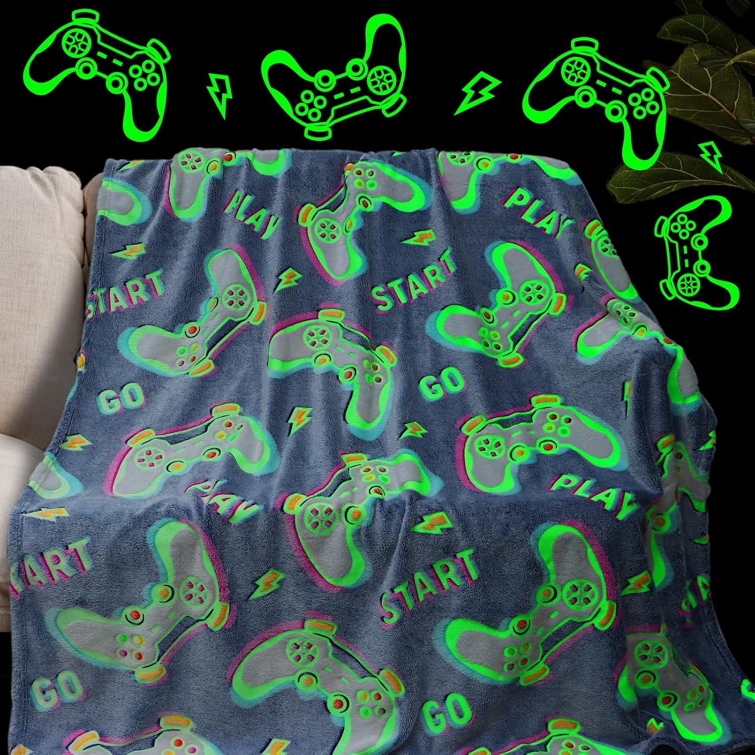 Manta que brilla en la oscuridad, manta luminosa de felpa para jugadores, regalo suave para niños, niñas, cumpleaños, Navidad, Halloween, Acción de