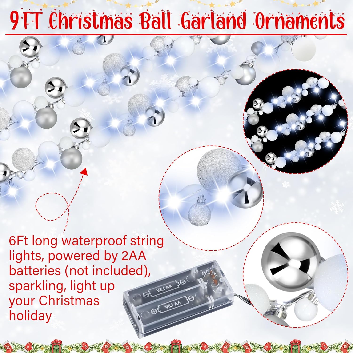 Guirnalda de bolas de Navidad de 6 pies con luces LED, guirnalda de bombillas iluminadas de Navidad, decoración de bolas de árbol de Navidad,