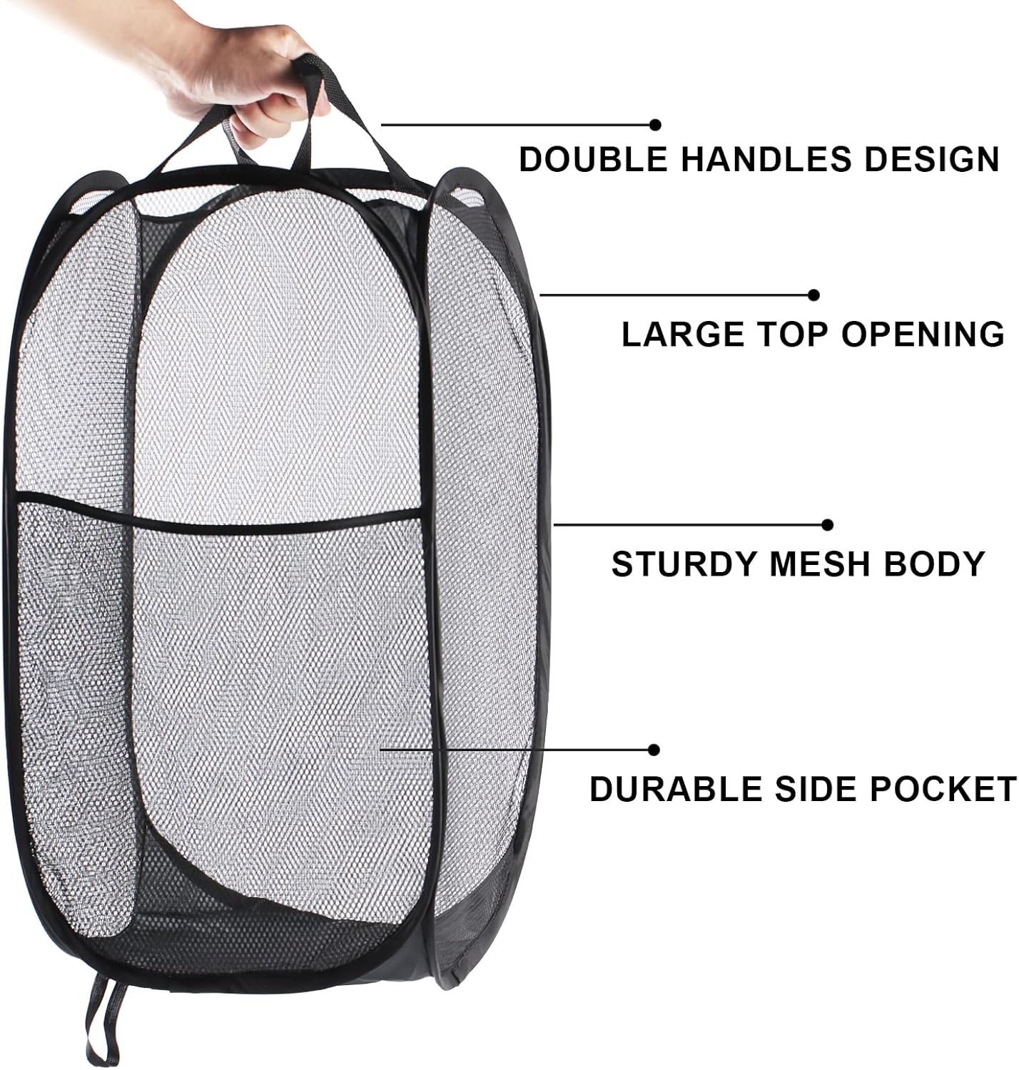 Cesta de lavandería plegable de malla, plegable, ligera, resistente al desgarro, transpirable, poliéster duradero + alambre de acero