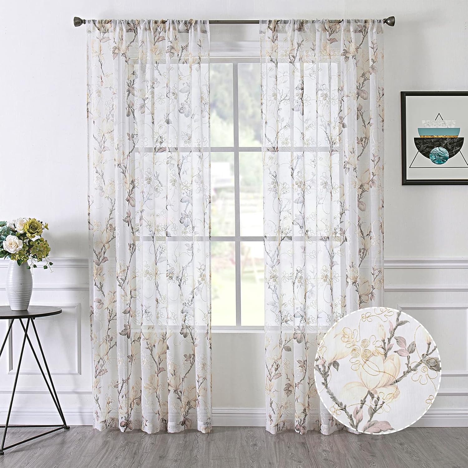 Tollpiz – Cortinas de gasa con estampado de flores y bordado de enredadera, con bolsa para barra, cortinas Voile para ventana, para sala de estar,