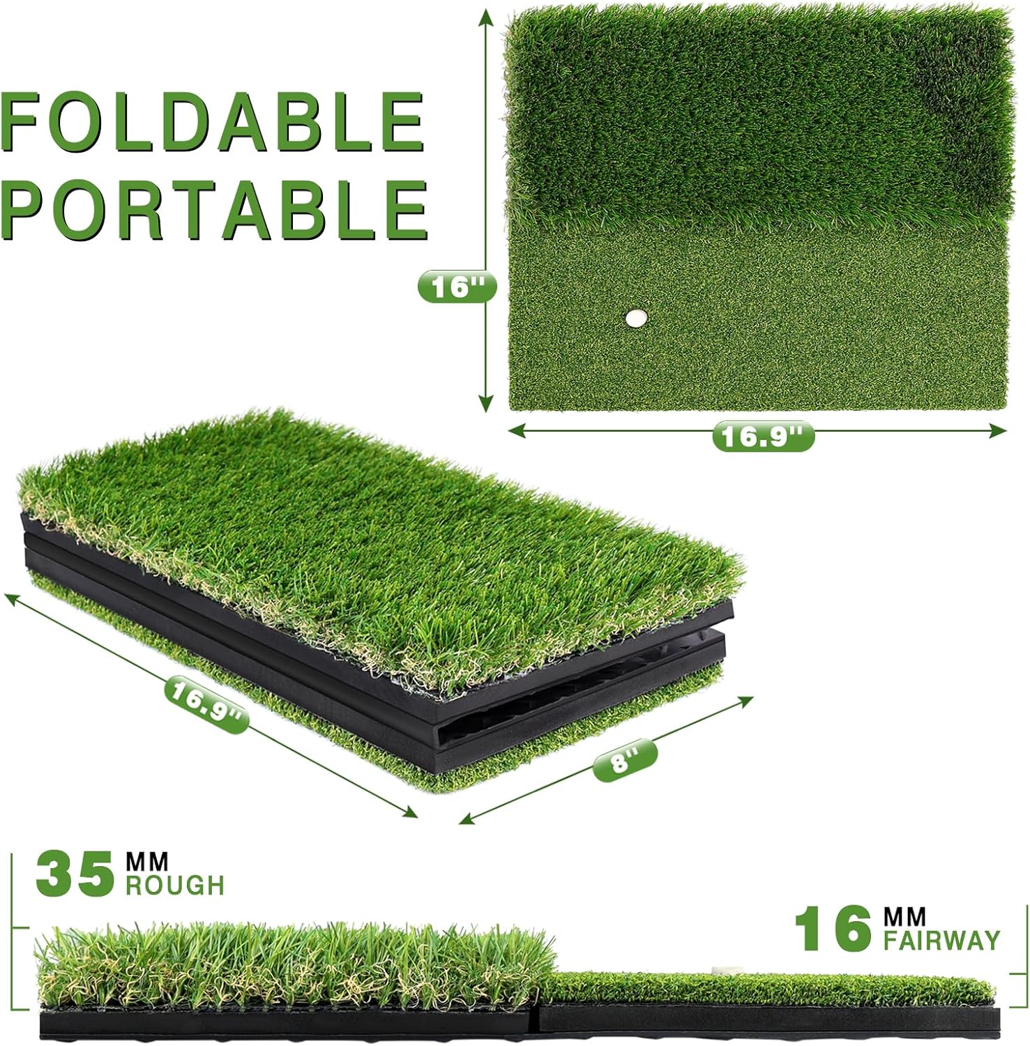 Alfombrilla de golf de doble césped premium, acolchado de espuma de 0.394 in con respaldo de goma, tapete de práctica de golf para entrenamiento en