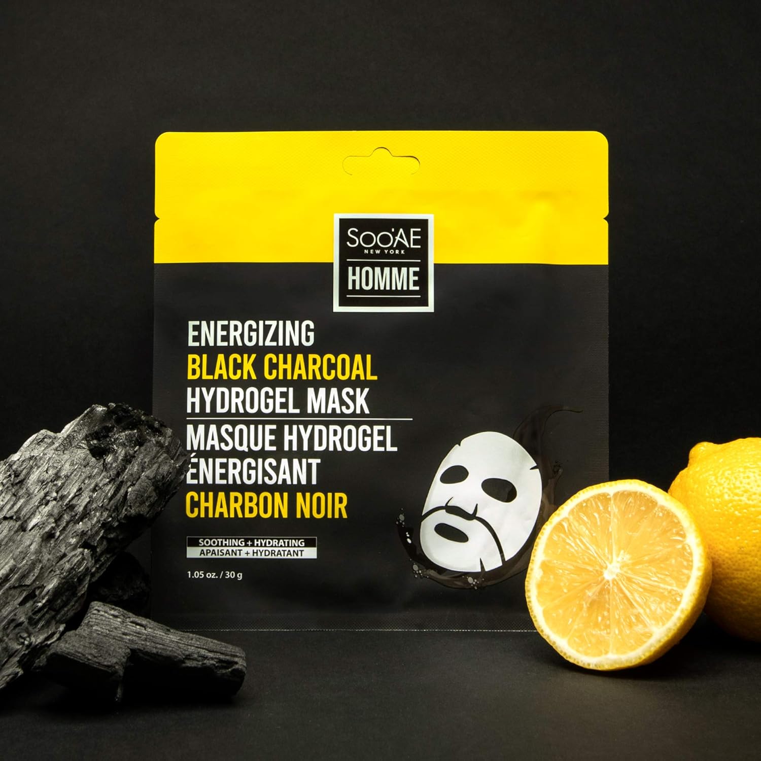 Soo’AE Homme – Máscara de hidrogel de carbón negro energizante 8 unidades Máscara facial para hombres con infusión de carbón y limón  Calmante e