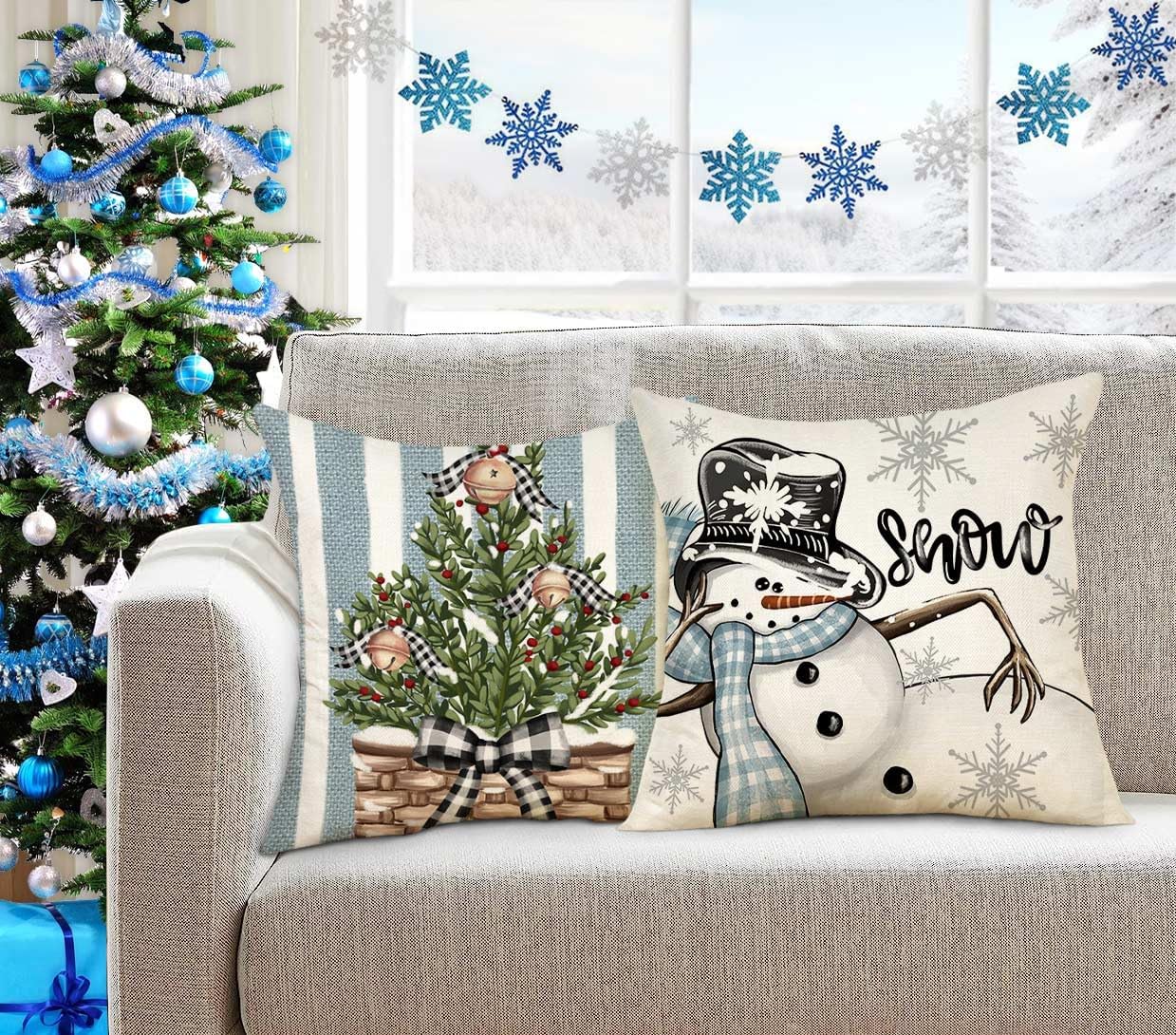 4TH Emotion Juego de 4 fundas de almohada navideñas de 18 x 18 pulgadas, decoración navideña de granja, muñeco de nieve, reno, eucalipto, camión,