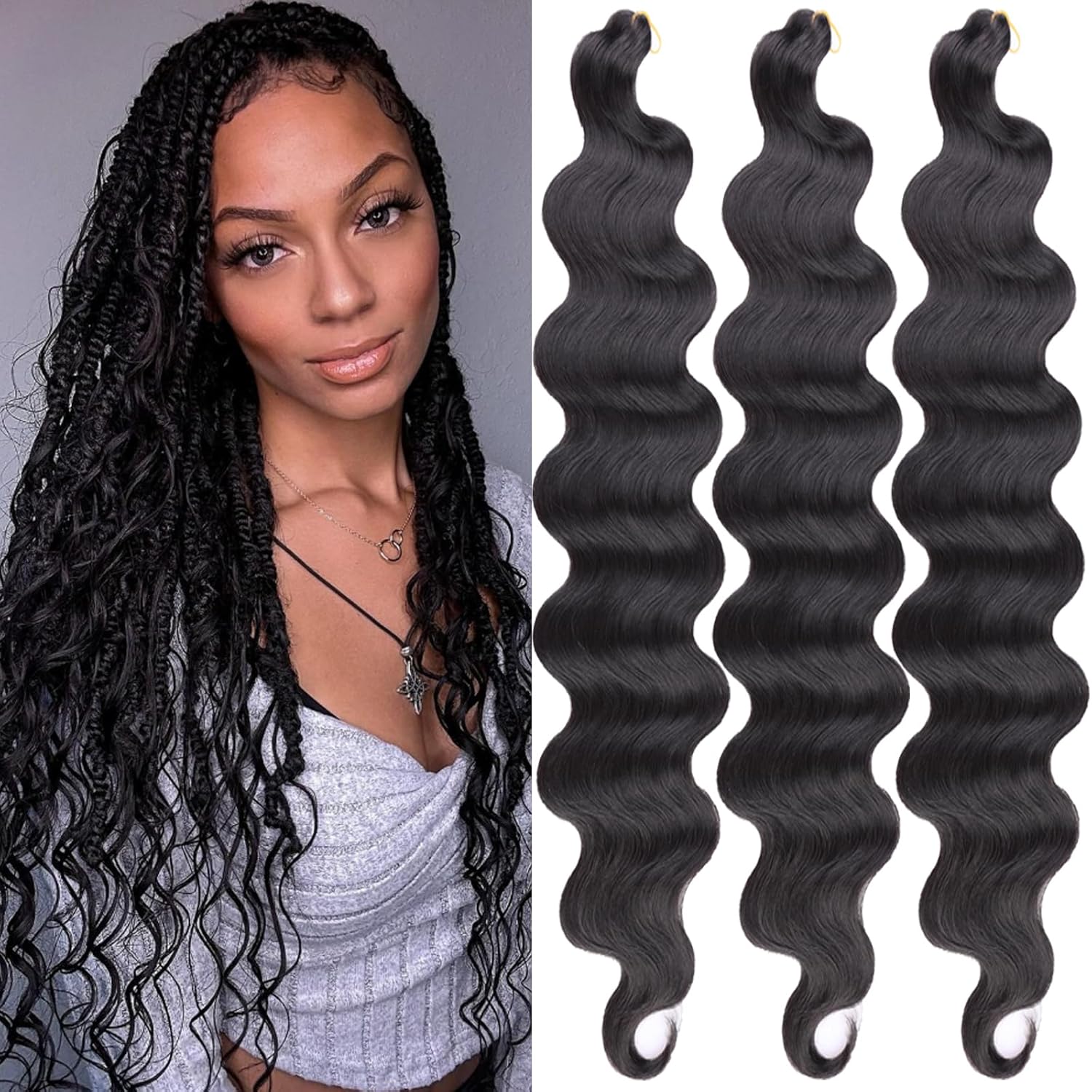 Unionbeauty 24 Inch 3 Pack Body Wave Braiding Hair Black Pre-Feathered Braiding Hair French Curl Crochet Braids Body Wave Crochet Hair for Boho Box