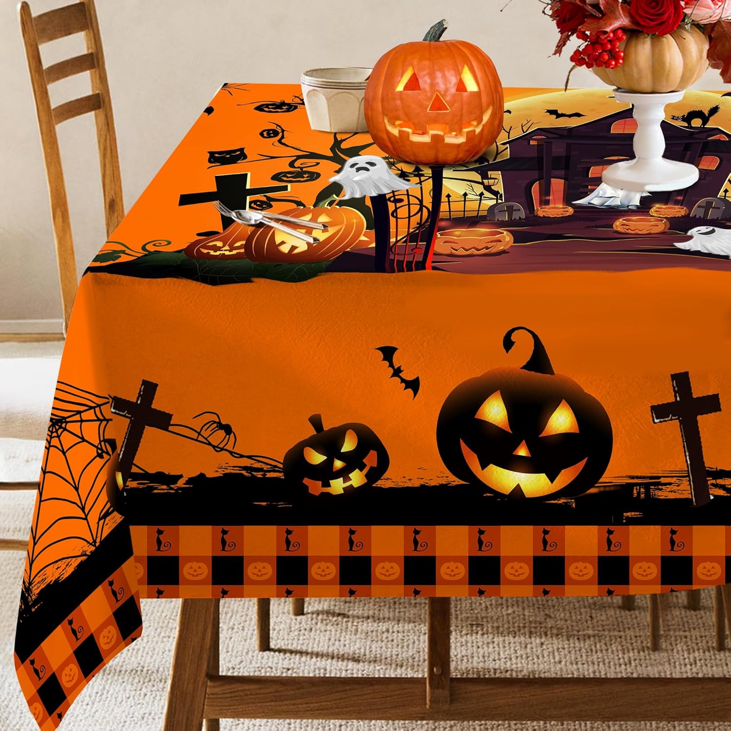 Hexagram Mantel de Halloween, mantel de Halloween para mesas rectangulares de 54 x 108 pulgadas, castillo de Halloween, fantasma, lavable,