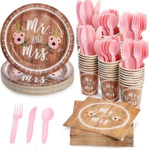 Juvale Sirve 24 platos de despedida de soltera, servilletas, tazas y cubiertos, decoraciones de boda, suministros de fiesta de compromiso (144 Juvale Sirve 24 platos de despedida de soltera, servilletas, tazas y cubiertos, decoraciones de boda, suministros de fiesta de compromiso (144