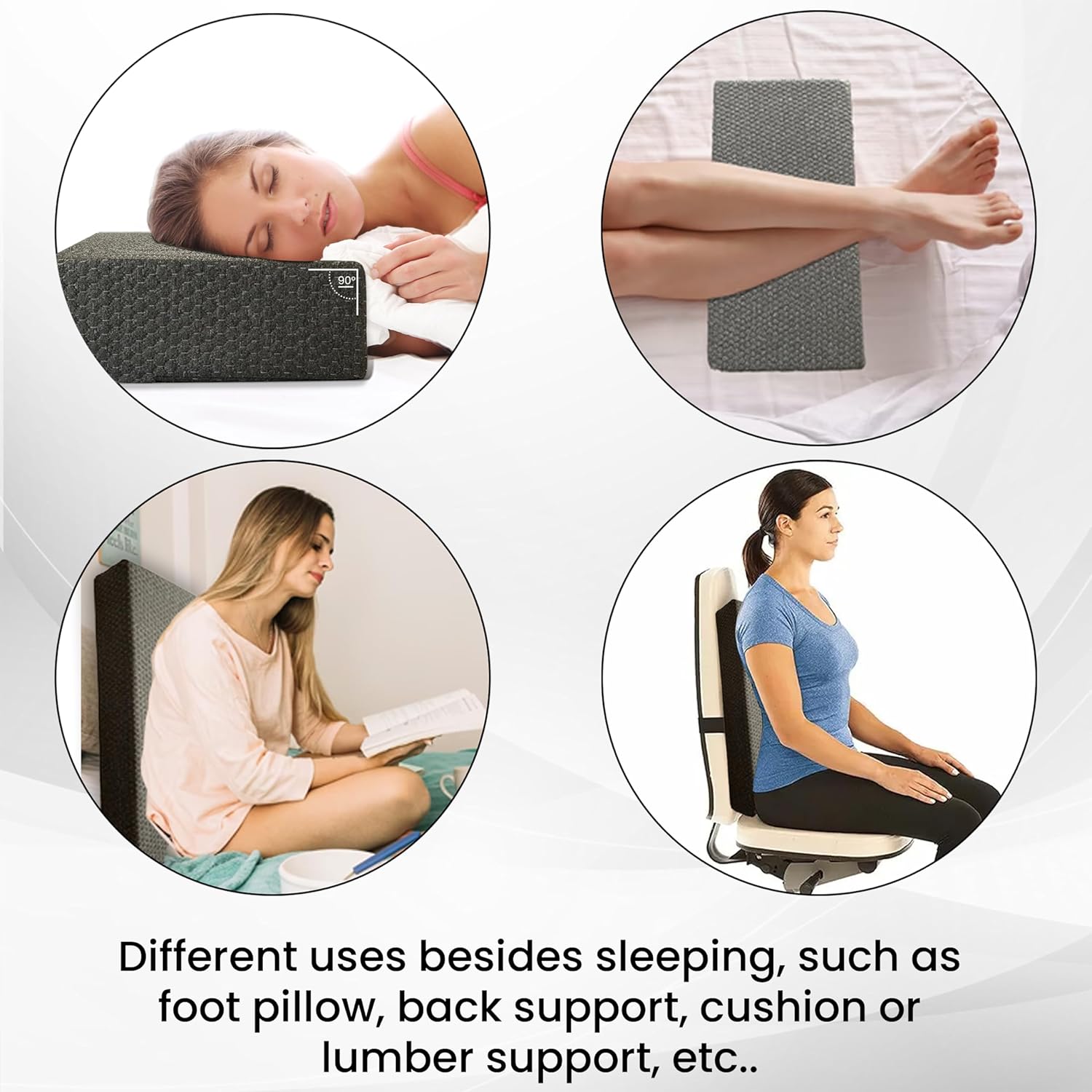 Almohada cúbica de espuma viscoelástica para personas que duermen de lado, color gris con funda extra blanca, 24 x 12 x 5 pulgadas, almohada firme
