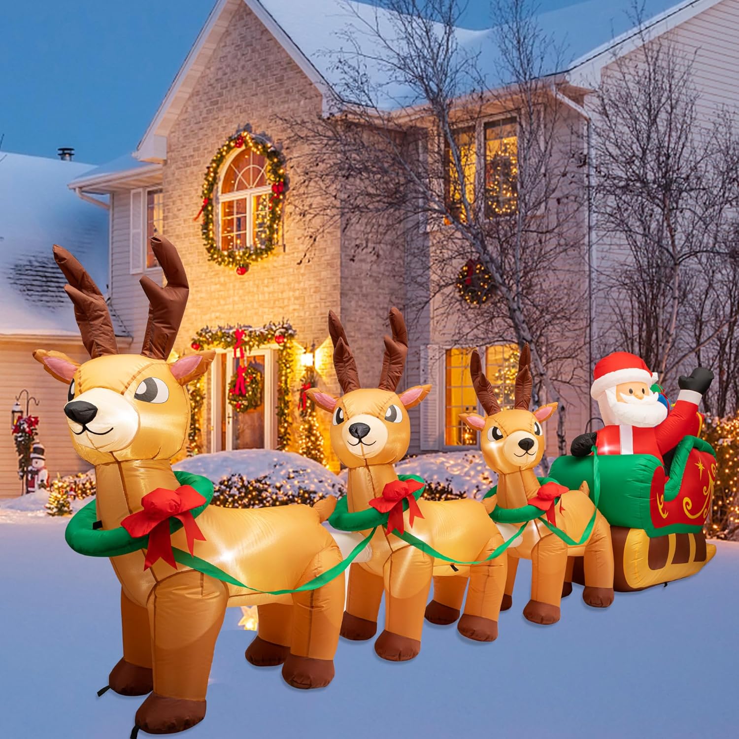 Inflables de Navidad iluminados de 12 pies, Papá Noel en trineo con 3 renos y cajas de regalo, decoraciones inflables gigantes de Navidad, luces LED