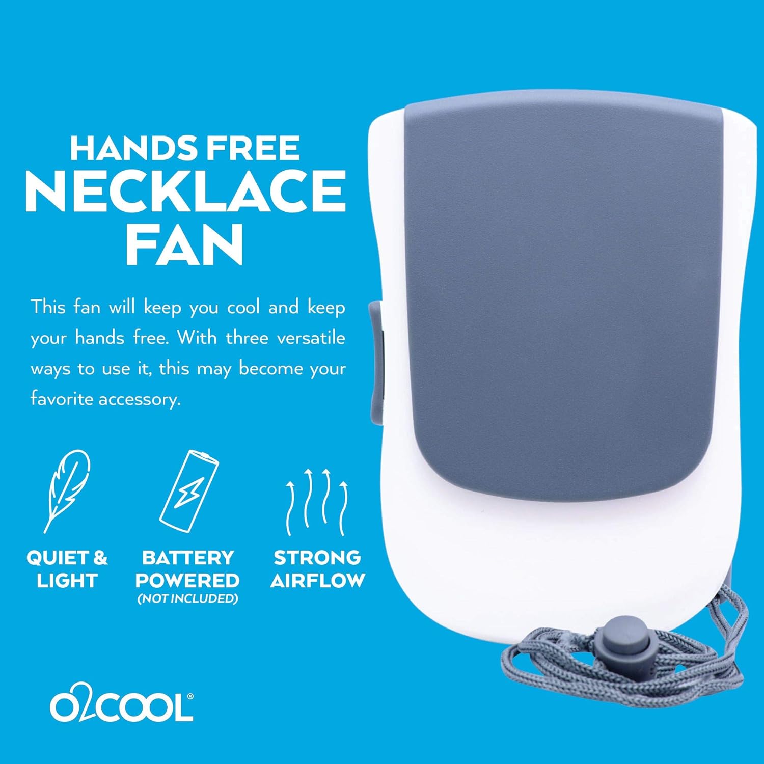 O2COOL Ventilador de collar de lujo, alimentado por batería, ventilador de refrigeración personal manos libres con cordón ajustable, soporte de mesa