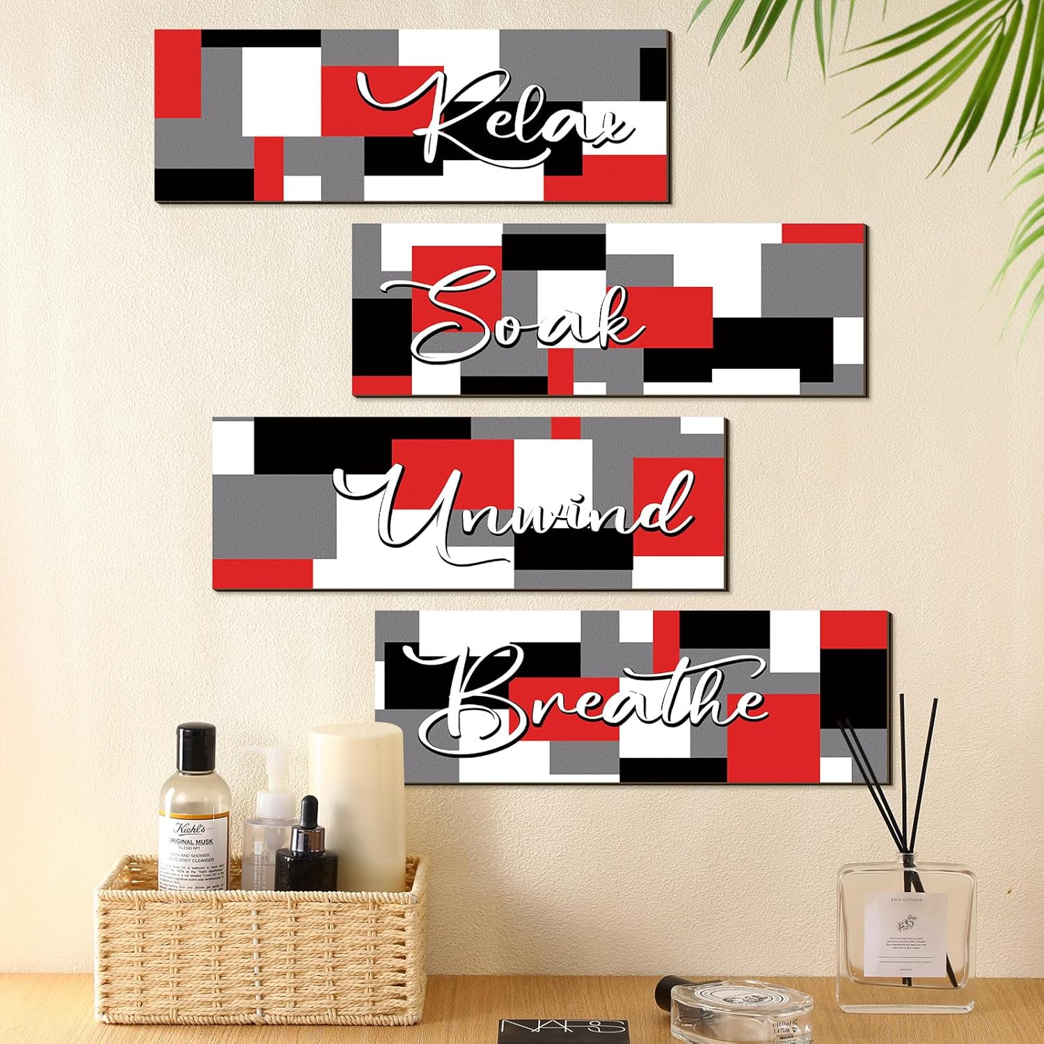 Tradder 4 piezas de pared de baño, decoración rústica de pared de baño, fotos de baño, relajarse, descansar, respirar, lavandería, decoración del