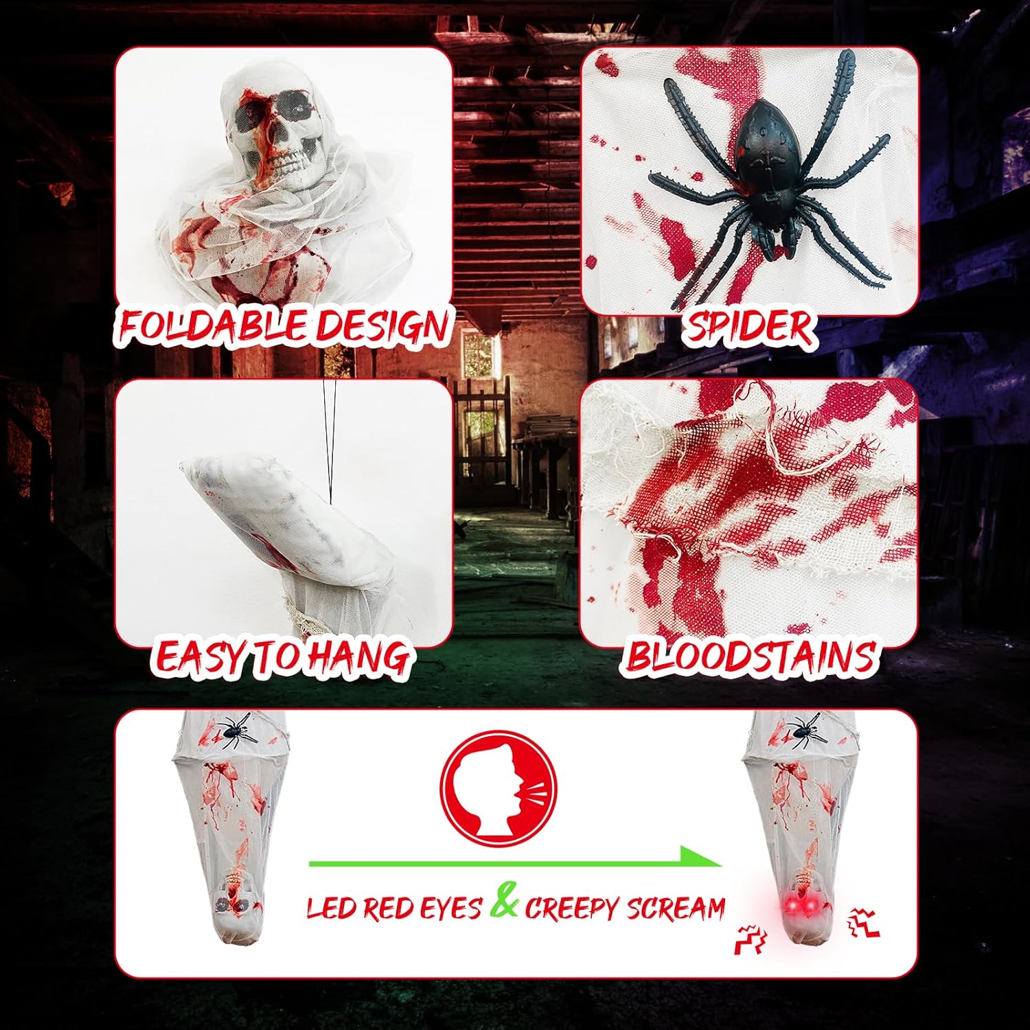 Decoración de Halloween colgante de fantasma de cadáver de capullo, ojo de luz LED roja y cadáver de capullo de sonido espeluznante para decoración