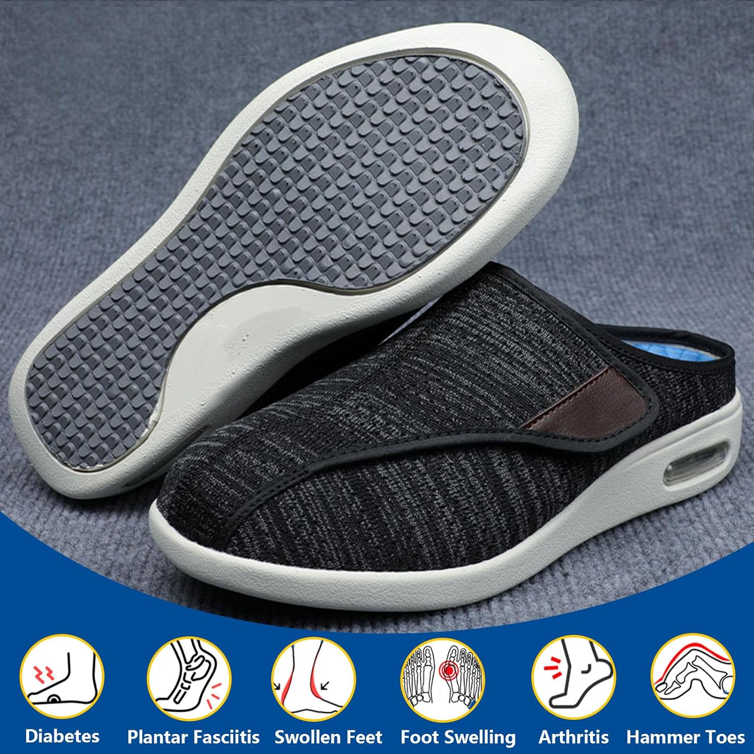 Tenis extra anchos con edema para caminar, con correa ajustable, ideales para diabetes, edema, fascitis plantar y pies hinchados