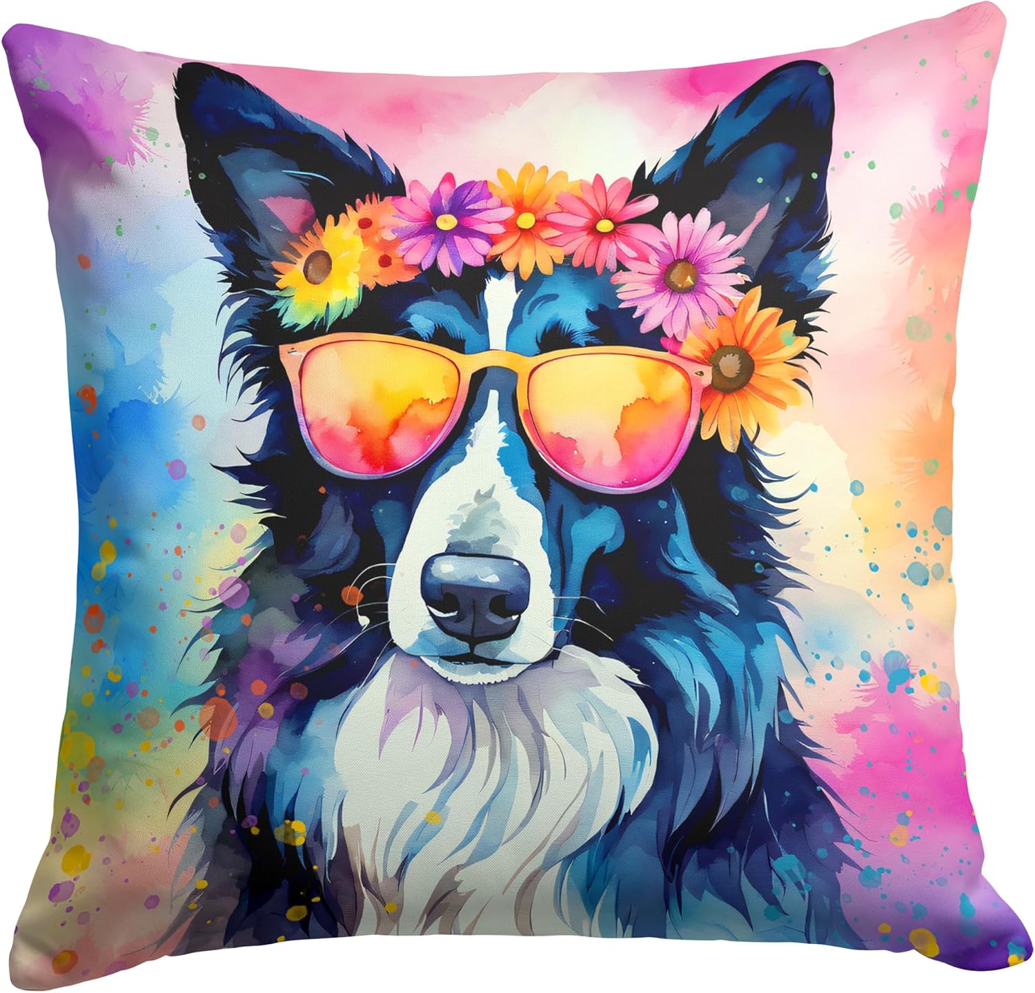 Caroline’s Treasures DAC2466PW1414 Border Collie Hippie Dawg – Almohada decorativa de tela, lavable a máquina, almohada decorativa para interiores y