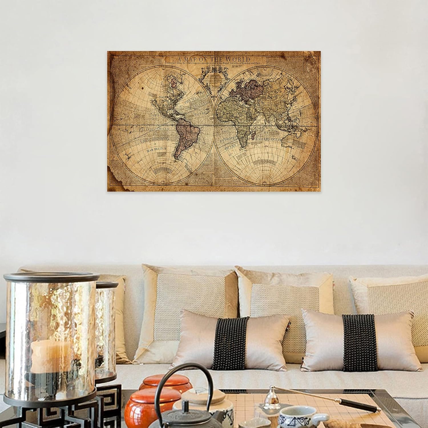 Lienzo decorativo para pared, diseño de mapa del mundo vintage, imágenes de fondo de mapa náutico beige sobre lienzo para decoración de pared de