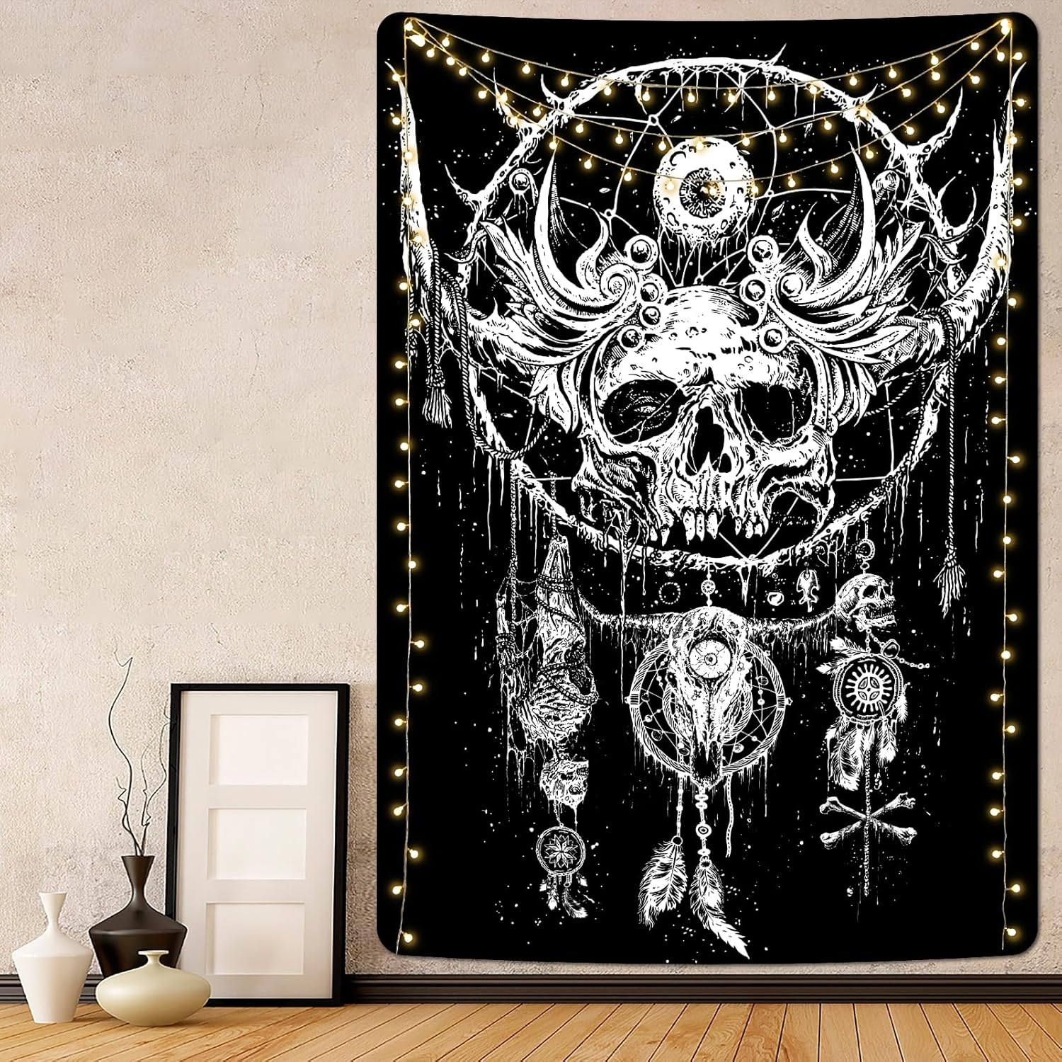 Livole Tapiz de calavera en blanco y negro, tapiz de esqueleto gótico, ojos hippies, tapiz de atrapasueños, tapiz de demonio diablo, tapiz para