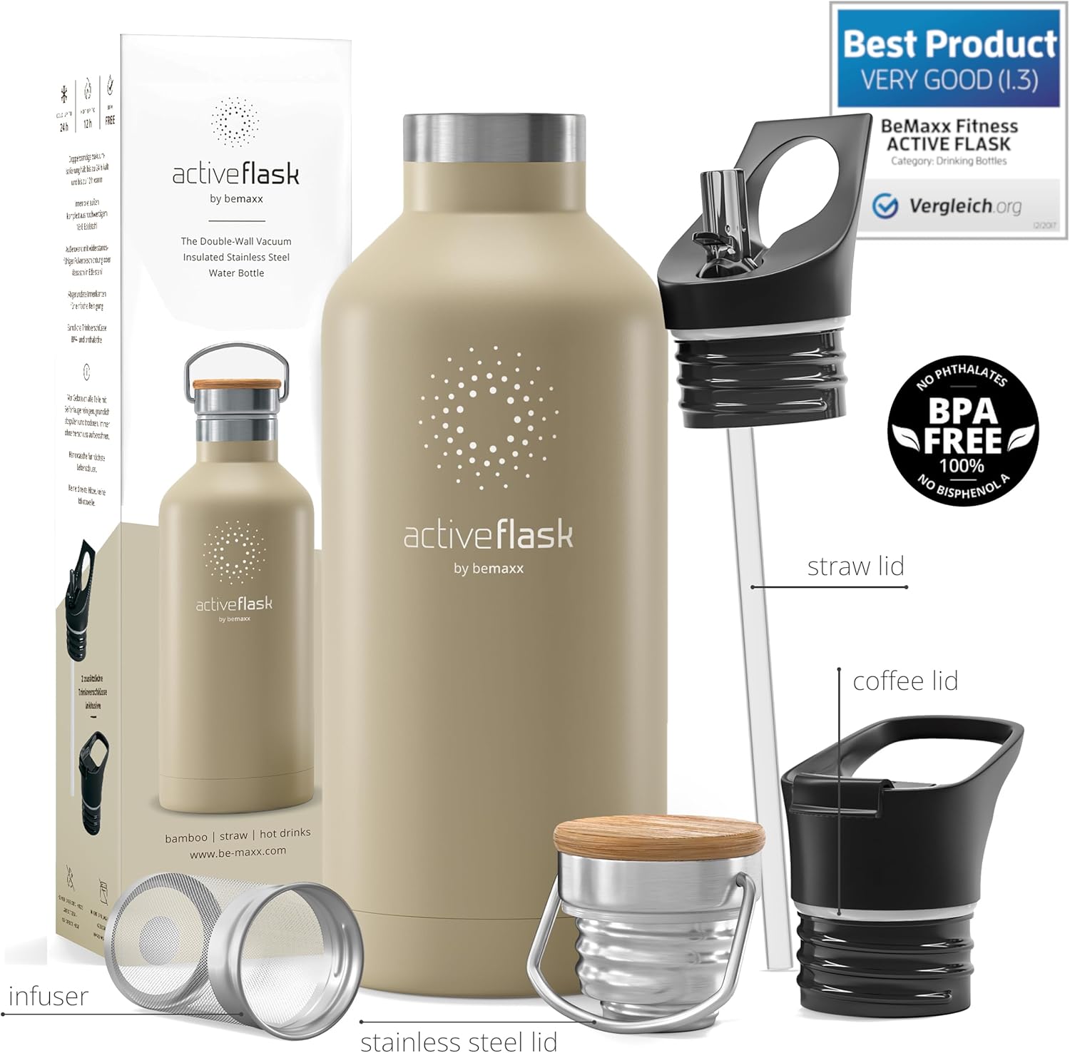 Botella de agua de acero inoxidable con popote (3 tapas), sin BPA, a prueba de fugas, adecuada para bebidas carbonatadas, botella de agua,