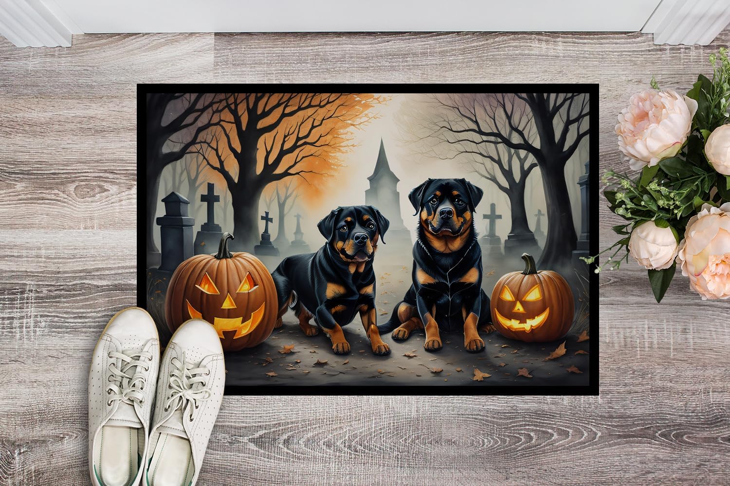 Caroline’s Treasures DAC2062MAT Rottweiler – Tapete espeluznante de Halloween de 18 x 27 pulgadas, tapete para puerta delantera, para interiores y