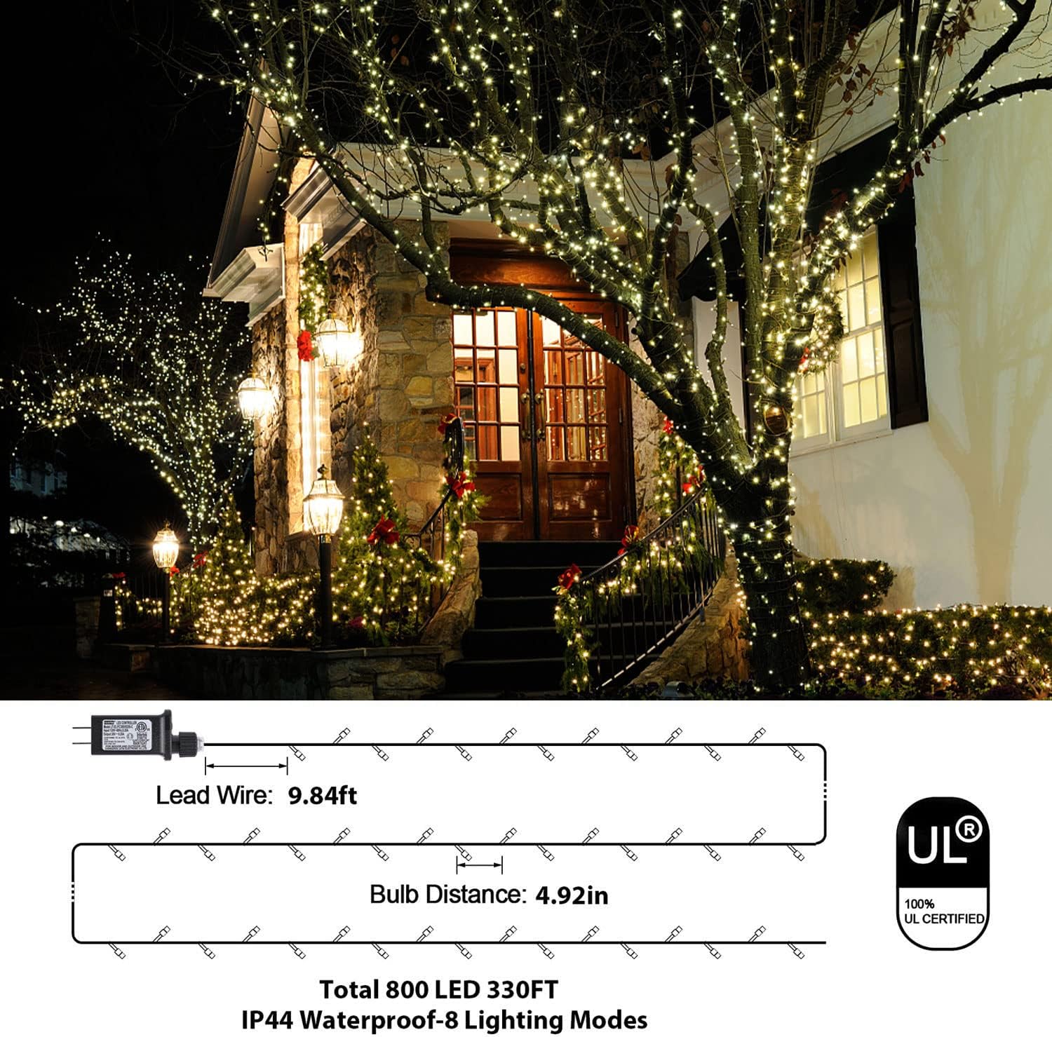Luces de Navidad para exteriores, 800 luces LED de 330 pies, color blanco cálido, 8 modos de enchufe, decoración impermeable, luces parpadeantes