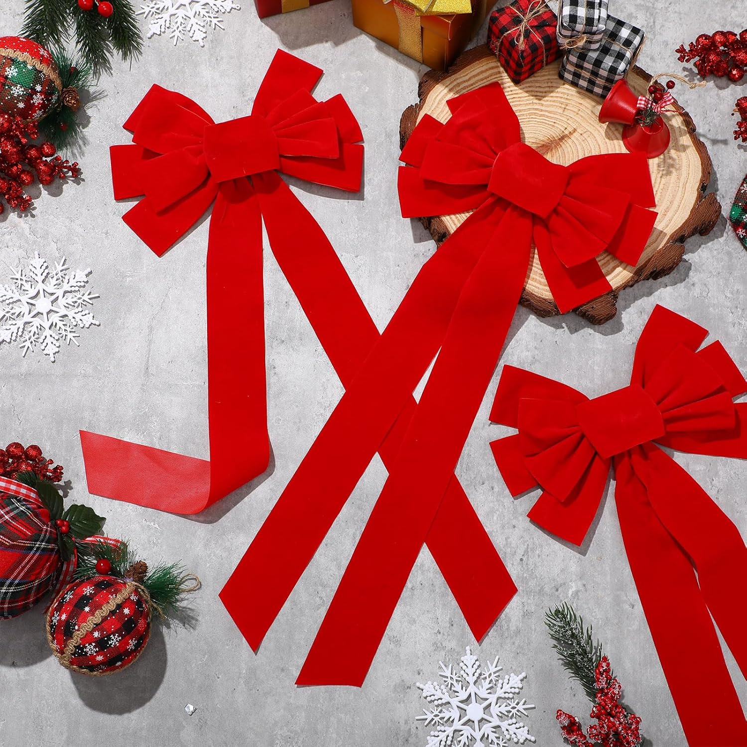 12 lazos grandes de terciopelo rojo de Navidad de 21 x 9 pulgadas, lazos decorativos de Navidad para decoración de árbol de Navidad para decoración