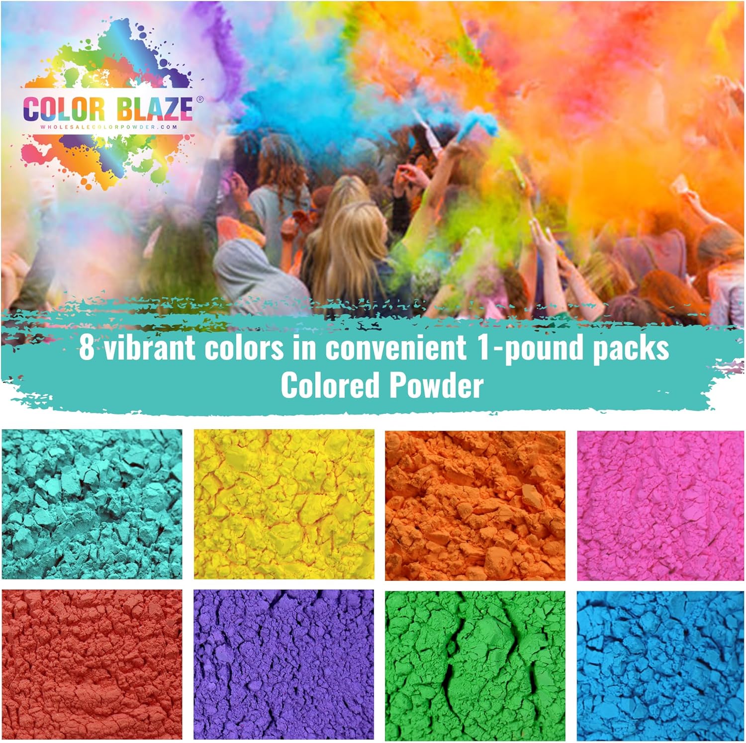 Color Blaze Holi – Polvo de colores  1 libra de cada color  rosa, rojo, naranja, amarillo, verde, verde azulado, azul, morado  para carreras