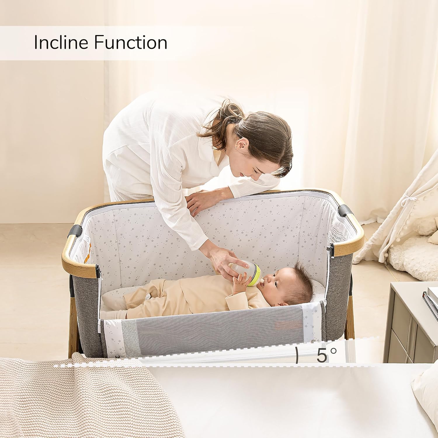 Maydolly Moisés para bebé y cama de noche, cuna mecedora 3 en 1 con colchón y sábana, altura ajustable, funda transpirable extraíble, cuna infantil