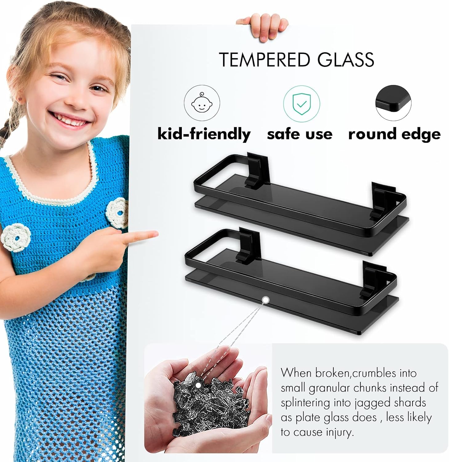 KES Estante de vidrio negro para baño, estante de pared de vidrio templado extra grueso, rectangular, paquete de 2, estante flotante de vidrio de