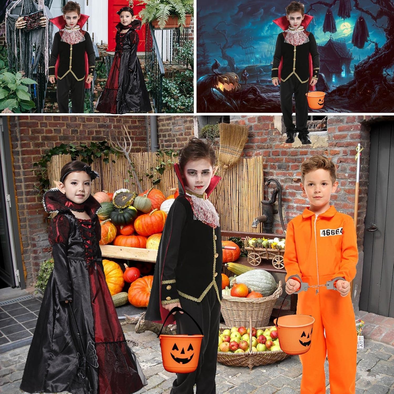 Disfraz de vampiro para niños con dientes y orejas realistas, capa gótica, traje real para Halloween