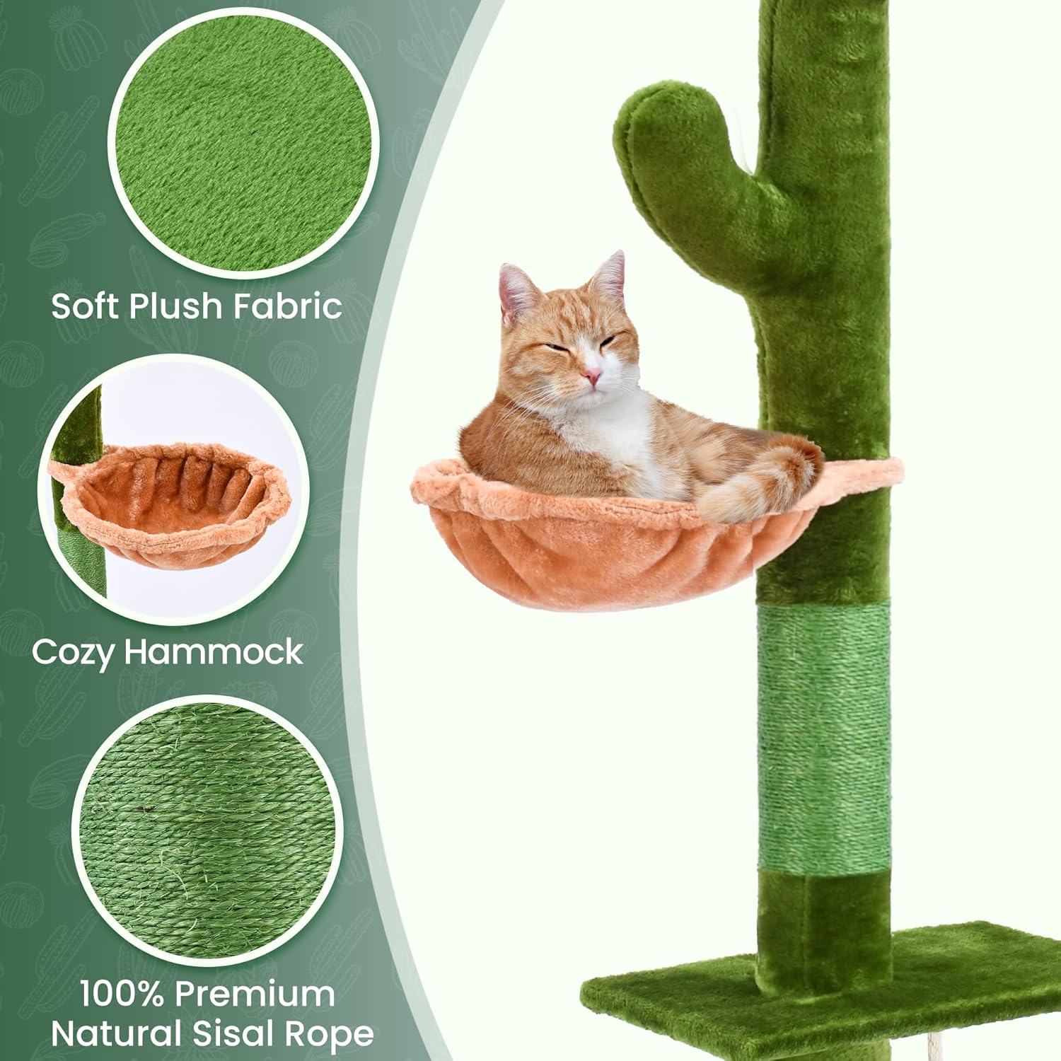 Árbol para gatos, árbol de cactus de 5 niveles para gatos del piso al techo, torre para gatos con hamaca acogedora, altura ajustable de 89-109
