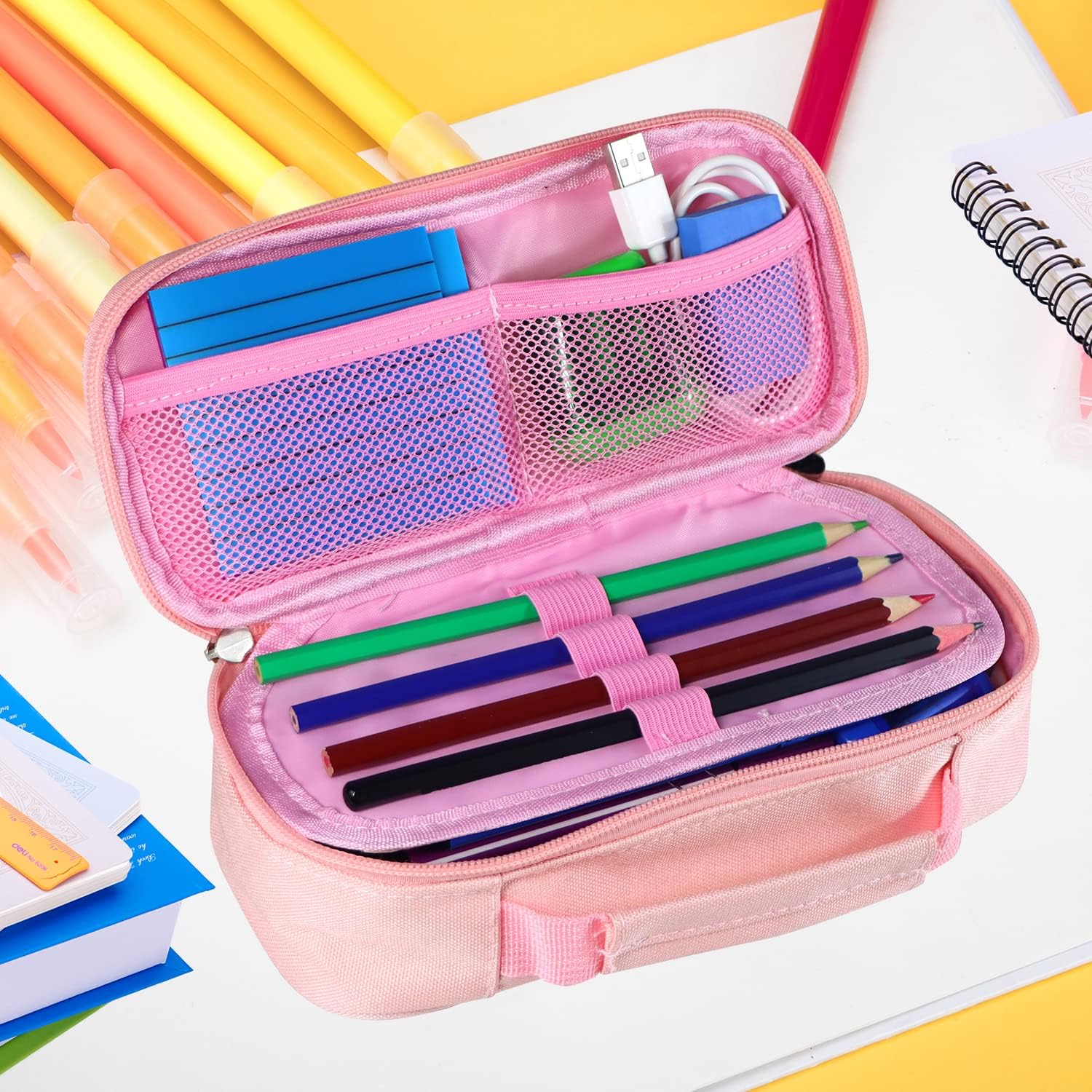 Estuche organizador portátil de color rosa para lápices, de gran capacidad, para adultos, adolescentes y estudiantes, ideal para uso en la oficina y