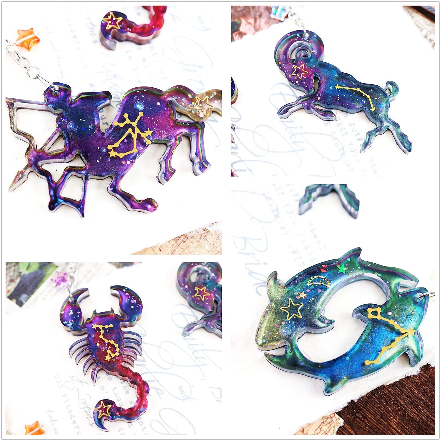 Llavero del zodiaco Moldes de resina de silicona, 12 constelaciones, animales, colgante, molde de fundición de resina epoxi con agujero, joyería