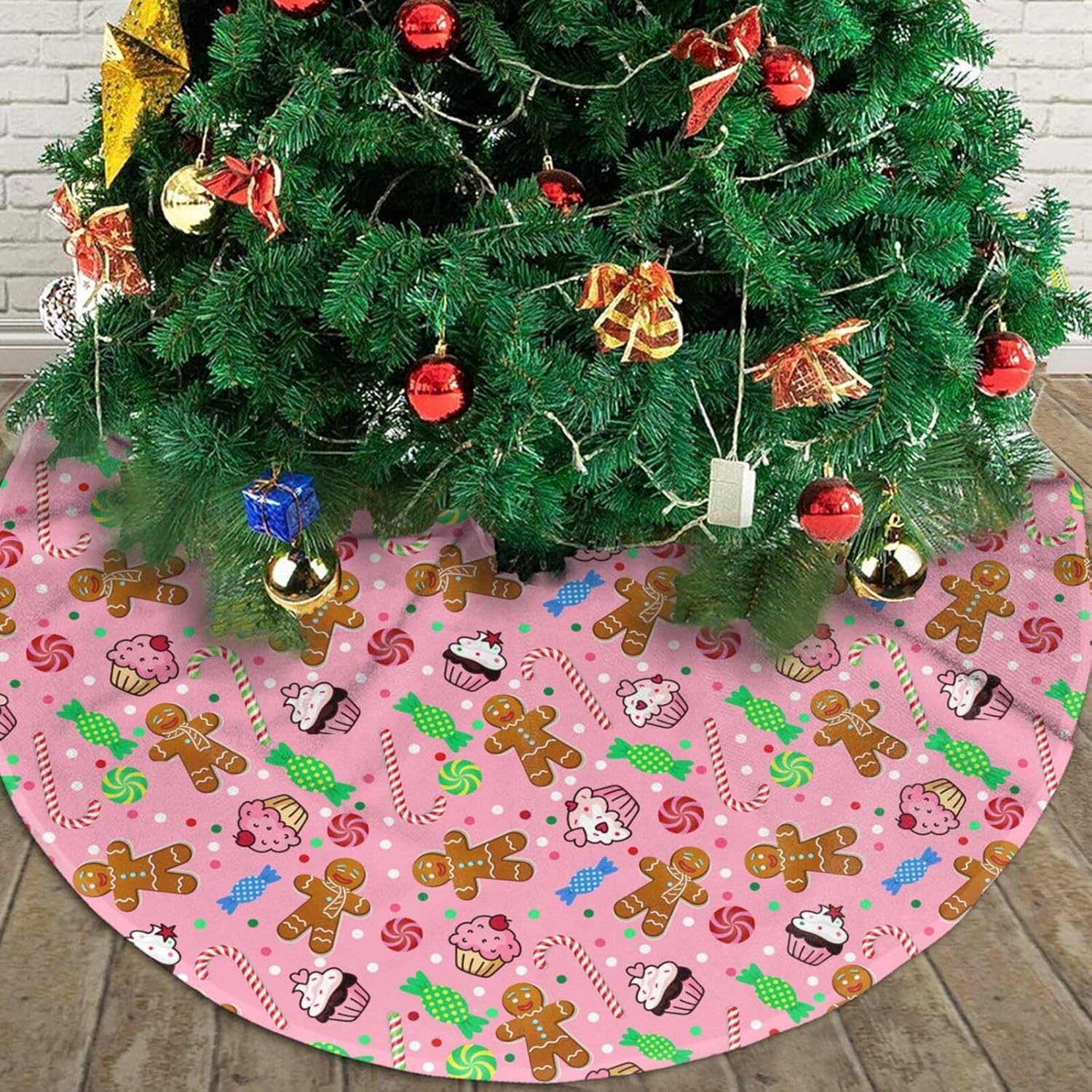 Linda falda de árbol de Navidad de caramelo de jengibre de 30 pulgadas, faldas de árbol de Papá Noel rosa, decoración de árbol de Navidad