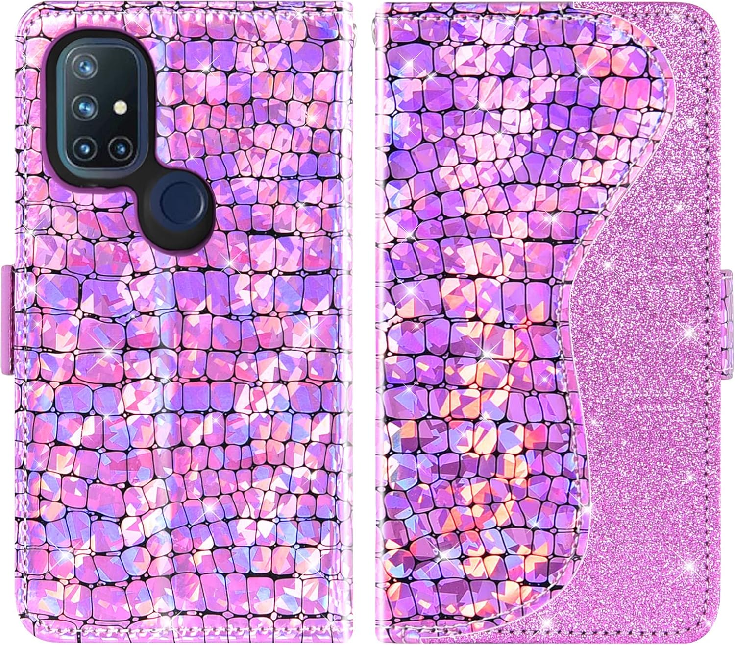Asuwish Funda de teléfono para OnePlus Nord N10 5G Funda tipo cartera con protector de pantalla y tarjetero abatible con purpurina para celular One
