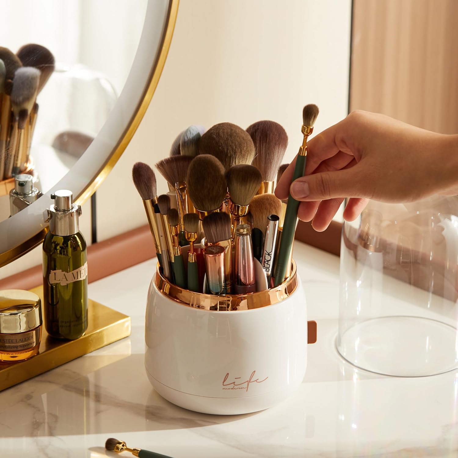 WenkeDigi Soporte para brochas de maquillaje, organizador giratorio de 360 con tapa transparente, brillante a prueba de polvo, organizador de