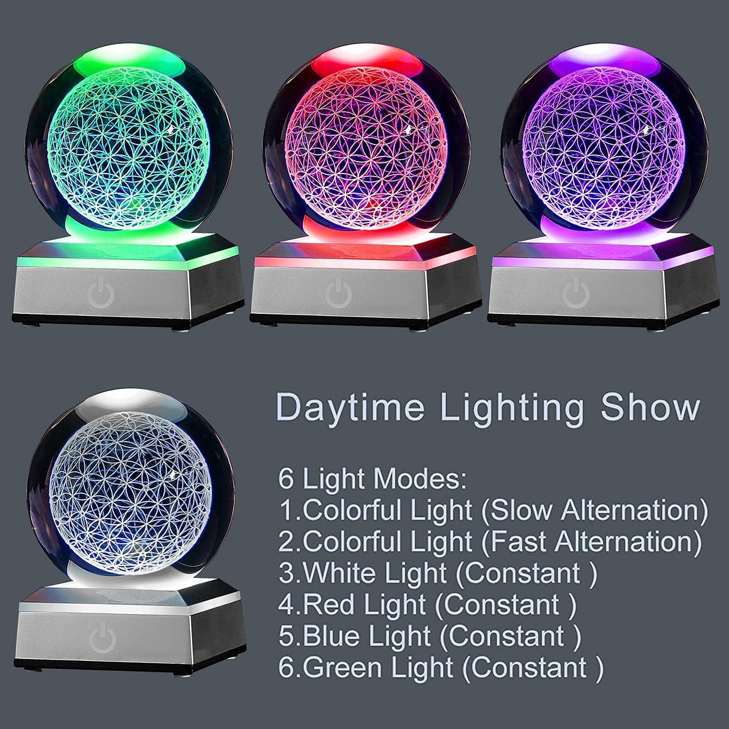 Bola de cristal 3D de flor de la vida con base táctil de iluminación colorida LED, rejilla curativa de chakras, globo de flores para decoración