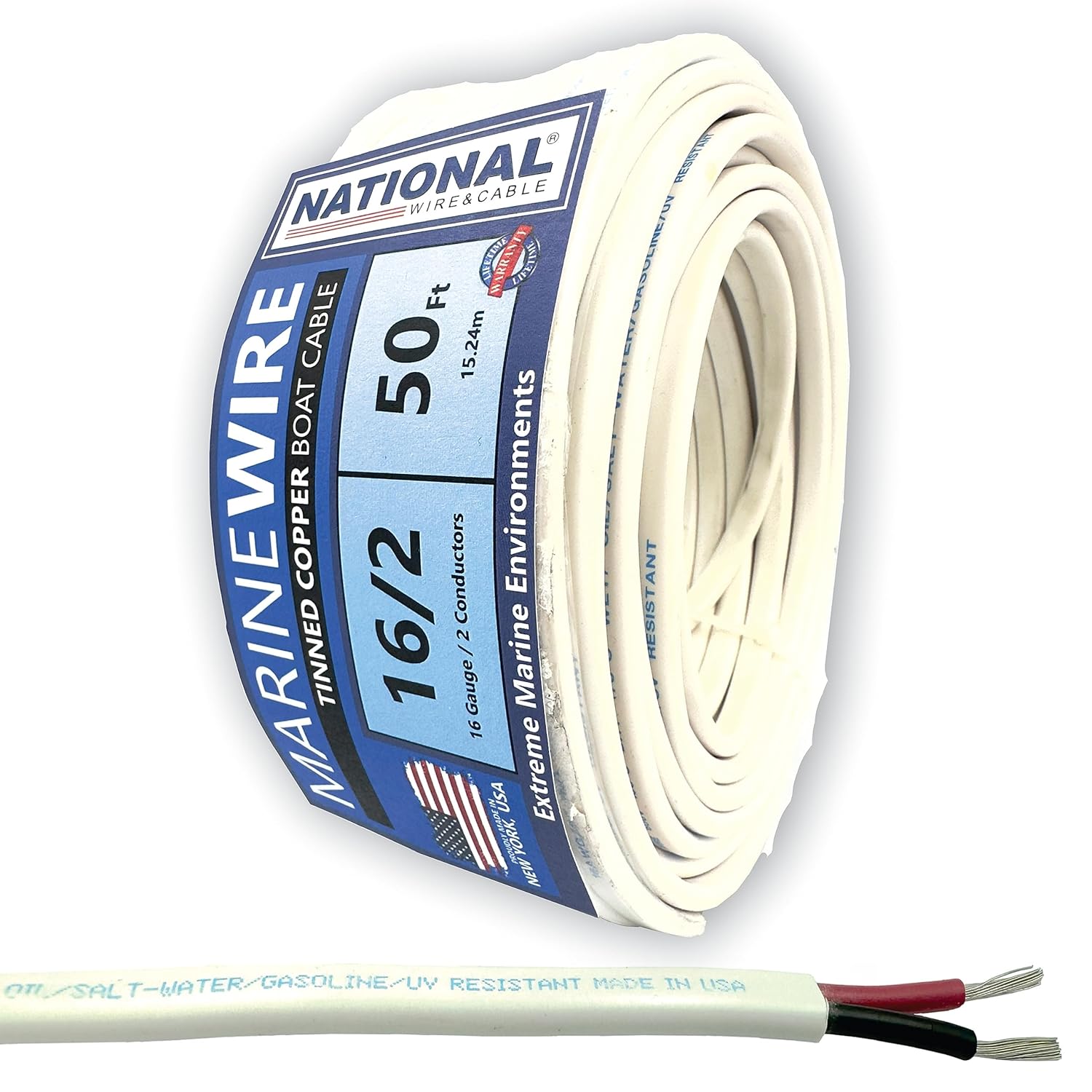 NATIONAL Wire&Cable Cable marino 162  50 pies  Fabricado en Estados Unidos  Alambre dúplex de cobre estañado  calibre 16 2 conductores recubierto
