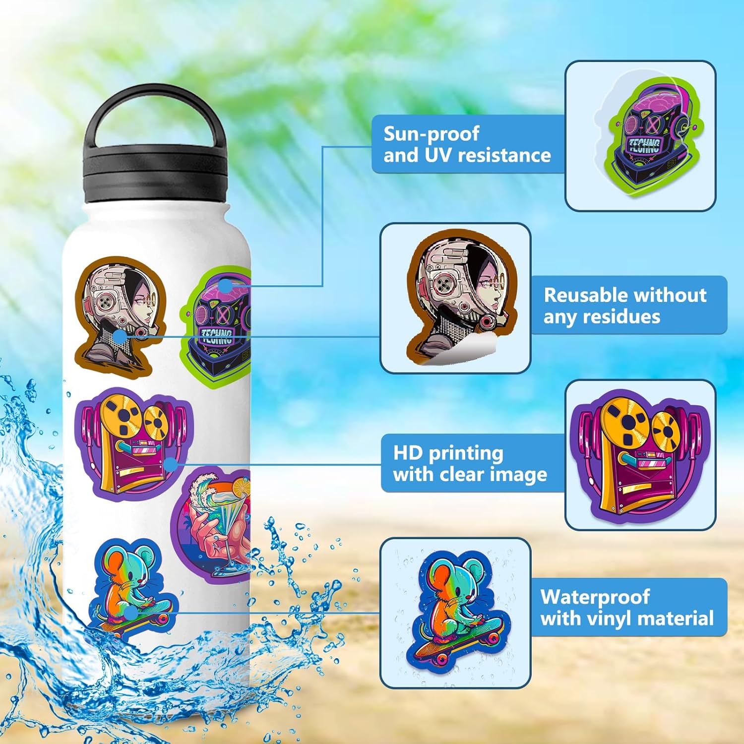 Calcomanías de neón impermeables, 50 unidades para botellas de agua, adultos, adolescentes, niñas, niños, calcomanías de vinilo geniales para
