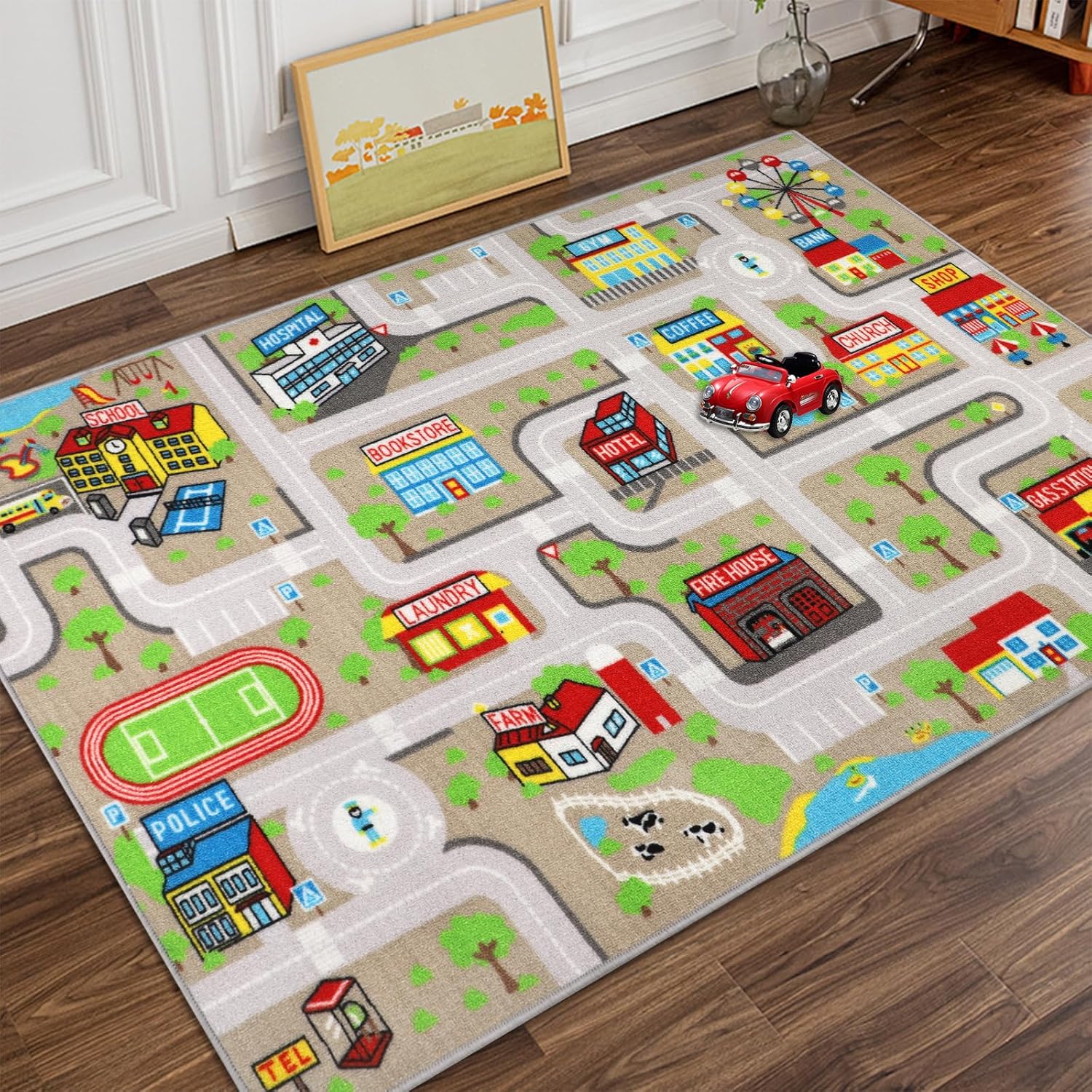 Capslpad Alfombra de juego de coche para niños, 3.3 x 5.2 pies, antideslizante, alfombra de mapa de la vida de la ciudad, alfombra de juegos lavable