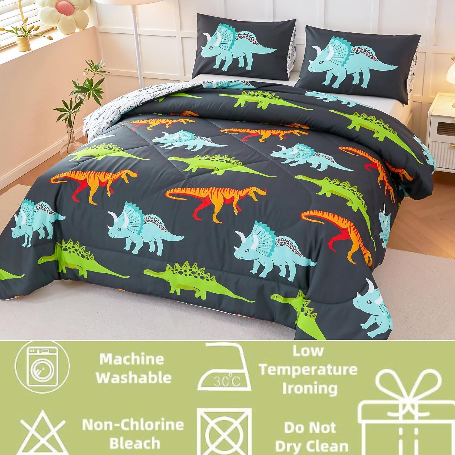 RYNGHIPY Juego de ropa de cama de dinosaurio, tamaño individual, juego de edredón para niños y niñas, suave, transpirable, lindo juego de cama de